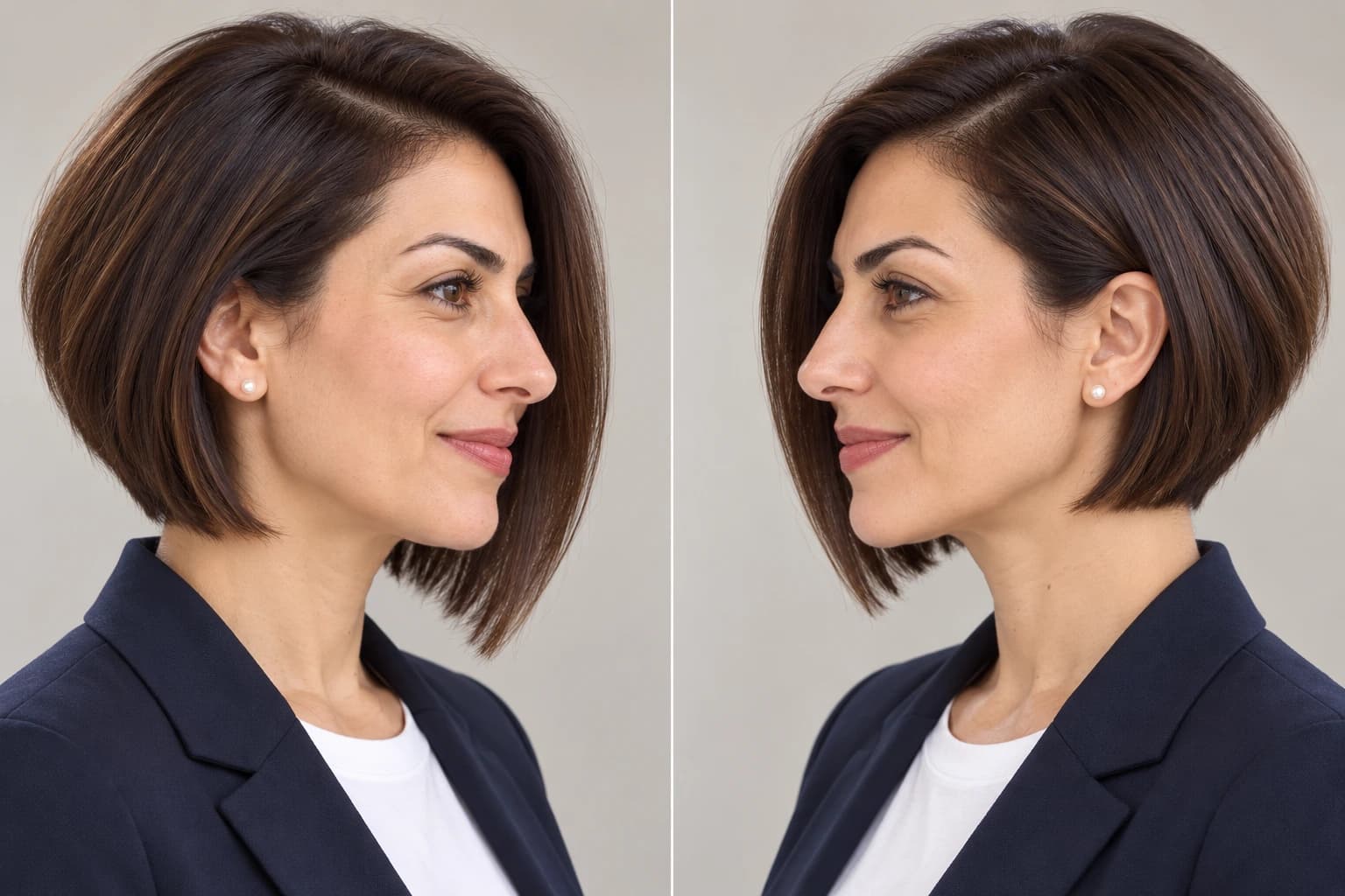 Woman in her mid-40s with an asymmetrical straight bob, jaw-length on one side and chin-length on the other, shown in both side profiles in a studio
