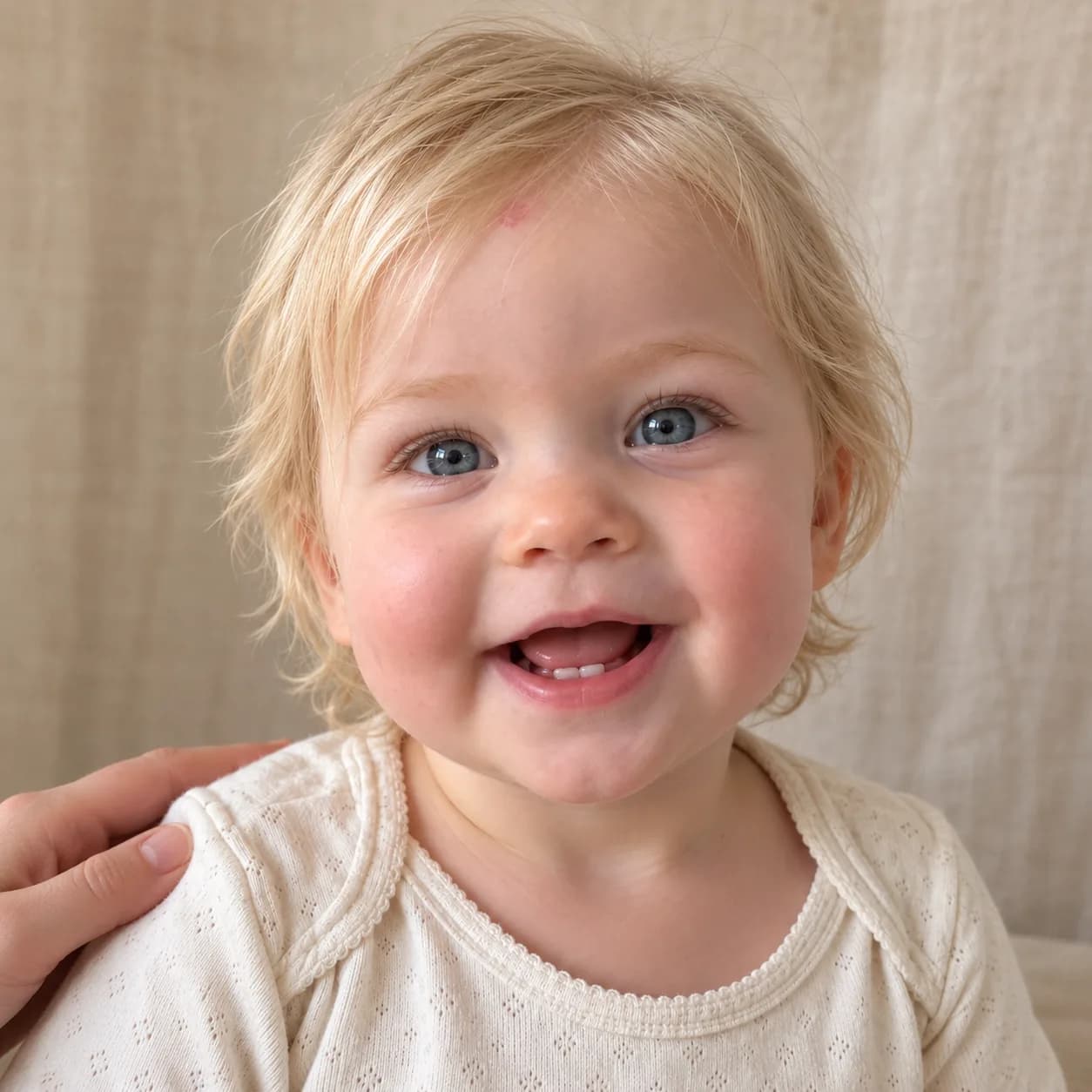 Baby girl after a gentle first trim with evened wispy ends and soft nape curls, square photo with a parent's hands at the frame edge