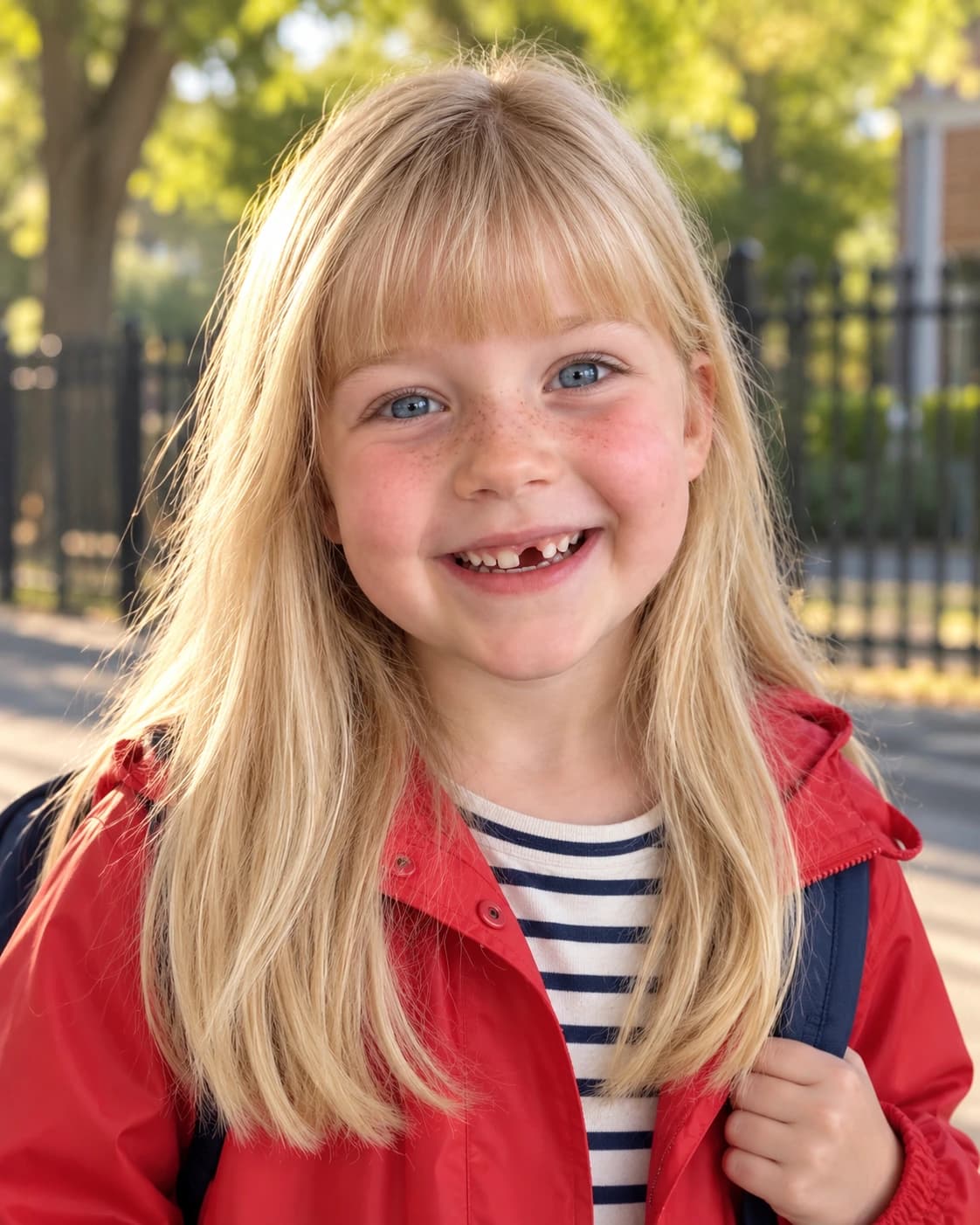 Little schoolgirl with long straight hair and blunt bangs just above the brows, front view in a schoolyard with a backpack strap on her shoulder
