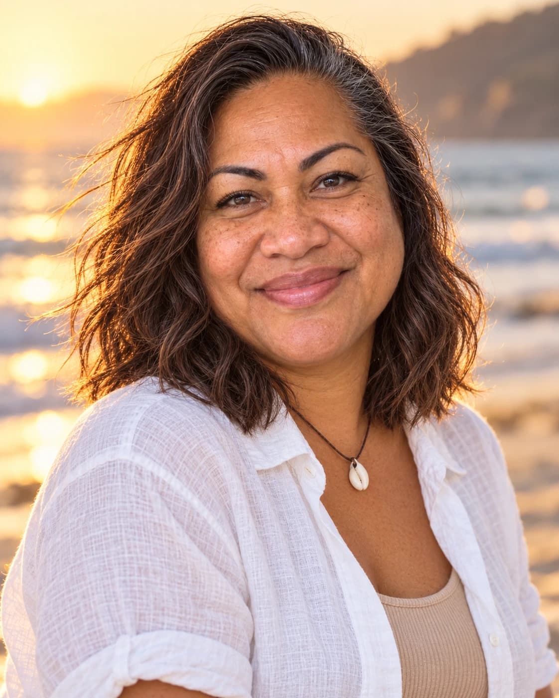 Woman in her 50s with a windswept wavy lob at collarbone length, three-quarter view on a beach at golden hour