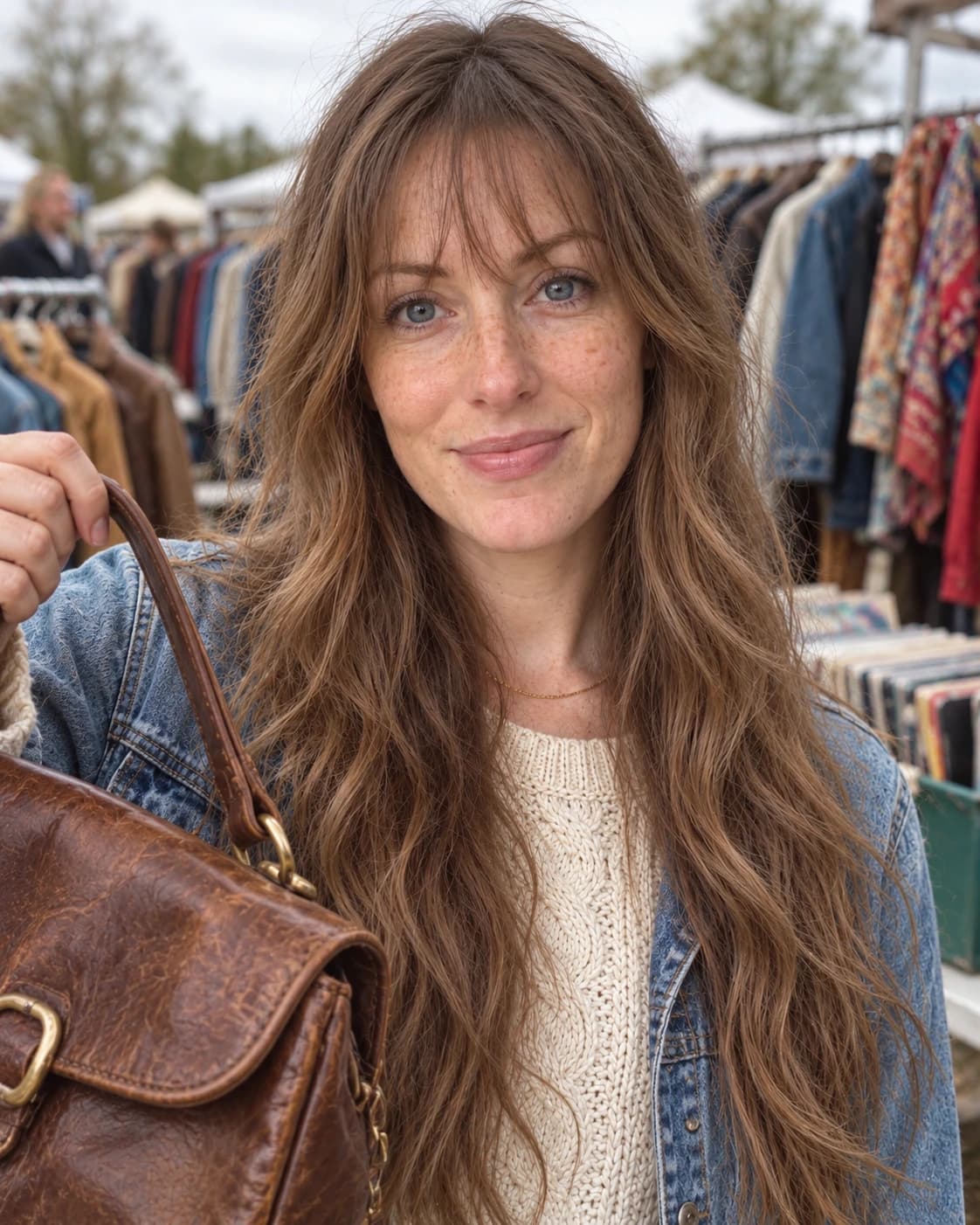 Woman in her early 30s with long undone fine waves and wispy eyelash-length bangs, front view at a vintage market on an overcast day