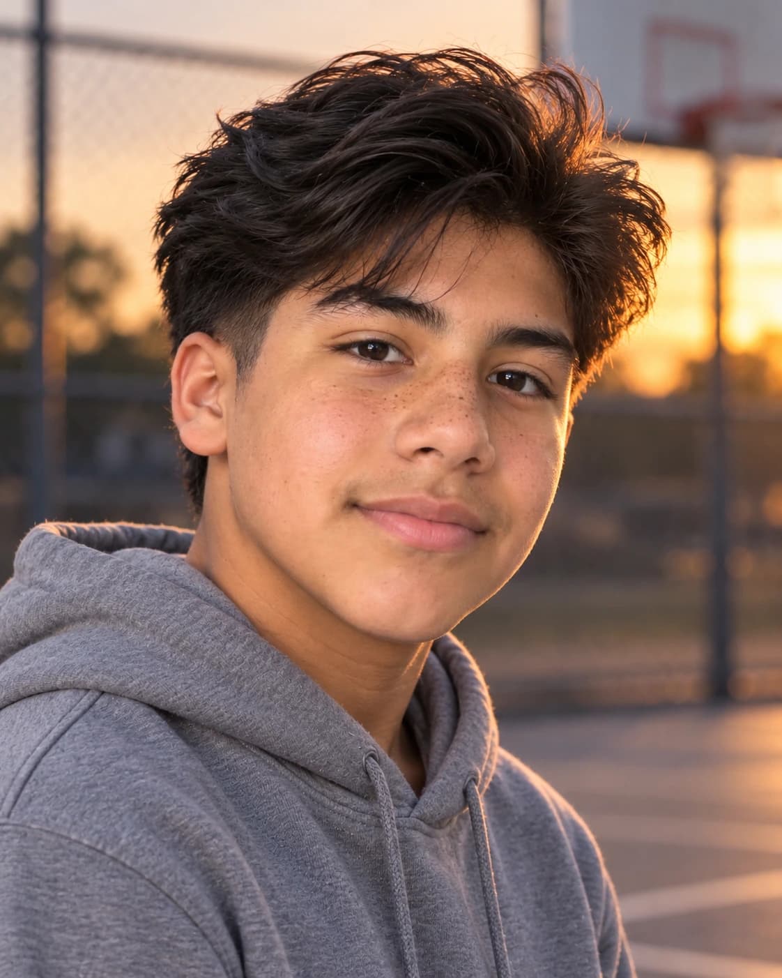 Teen boy with a blown-up, swept-back top and low taper, three-quarter view on an outdoor court at dusk