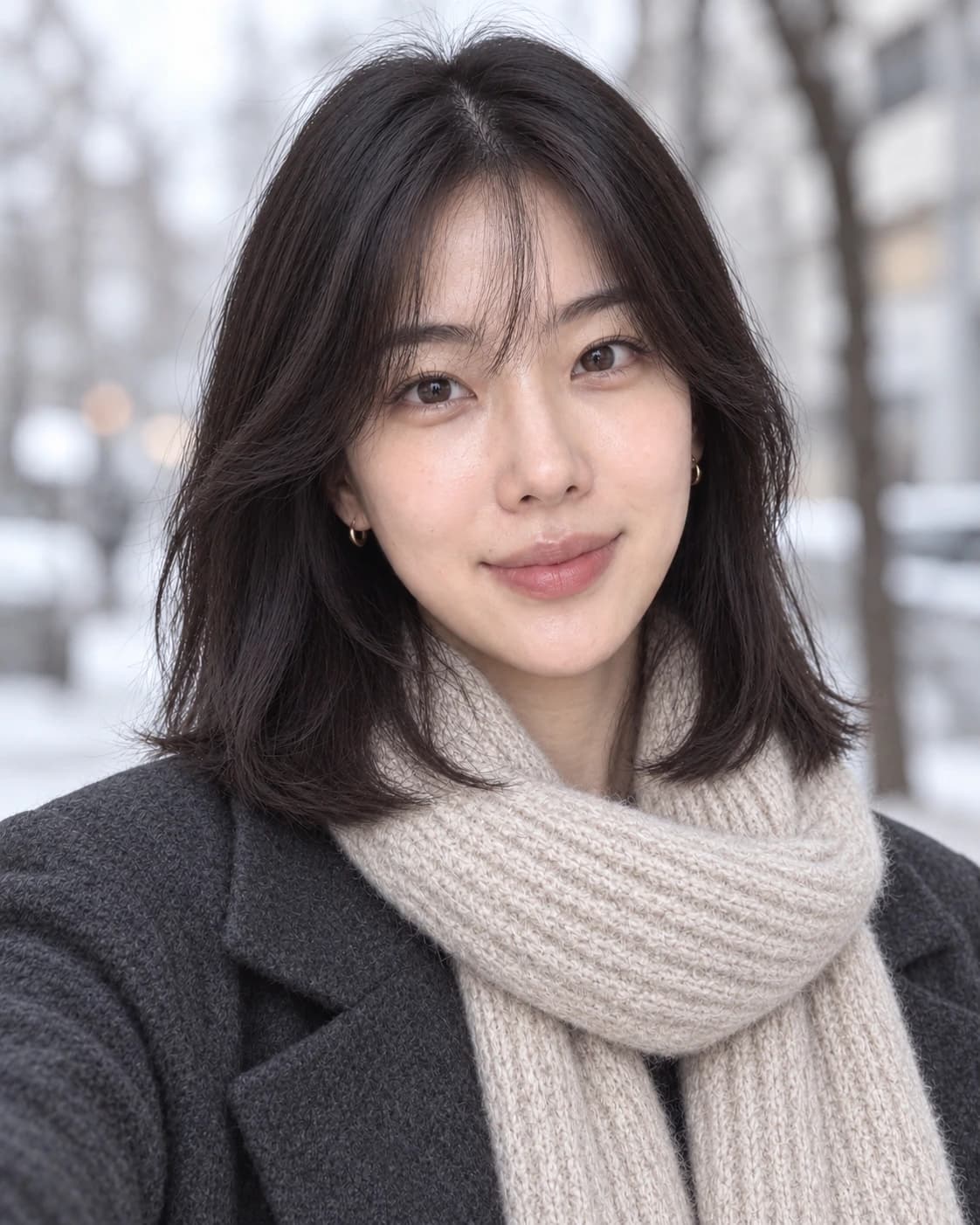 Woman in her 30s with shoulder-length straight hair and narrow-centered bangs that widen toward the cheekbones, close front view in a winter scarf