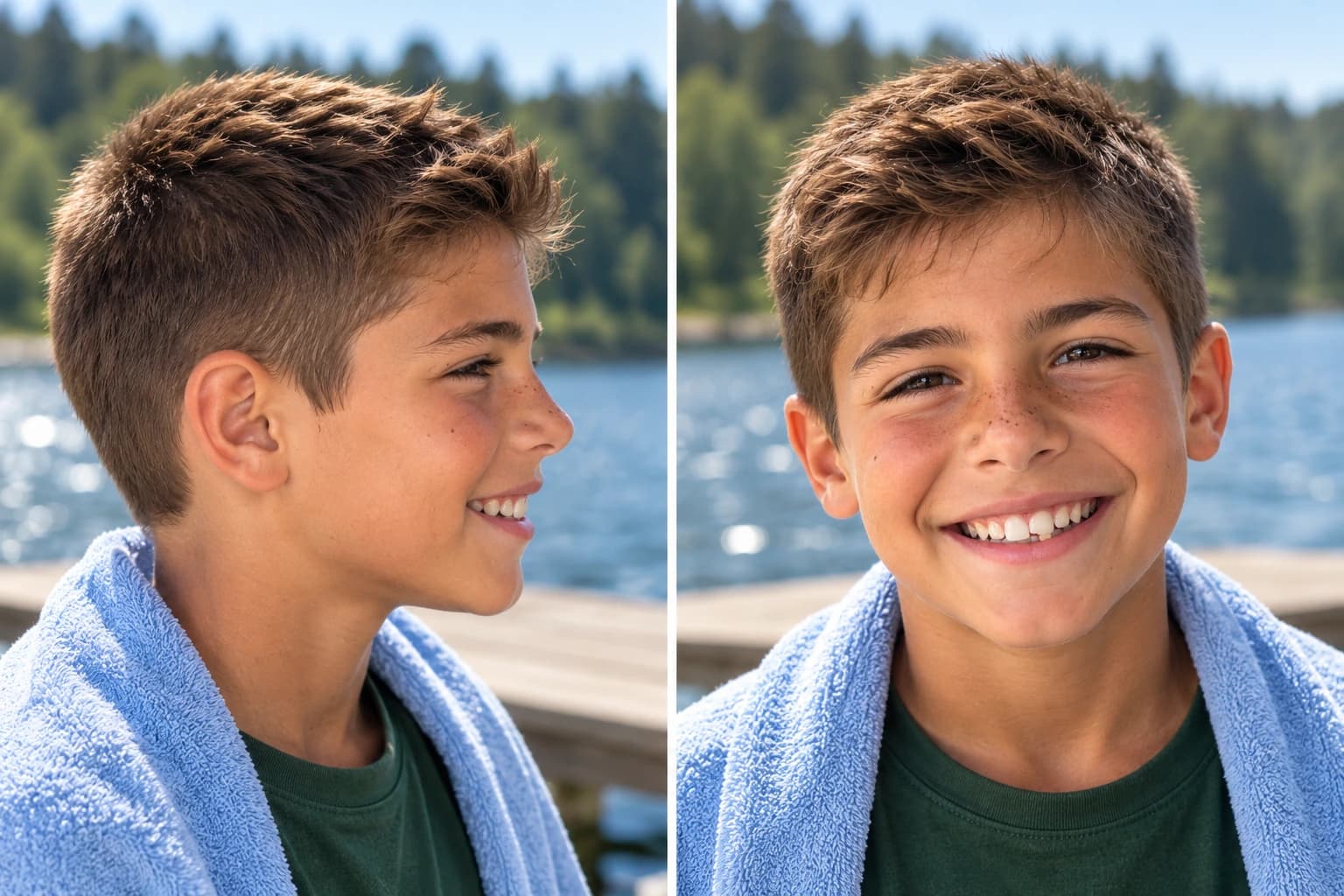 Eight-year-old boy with a short crew cut, side profile and front view by a lake dock in summer sun