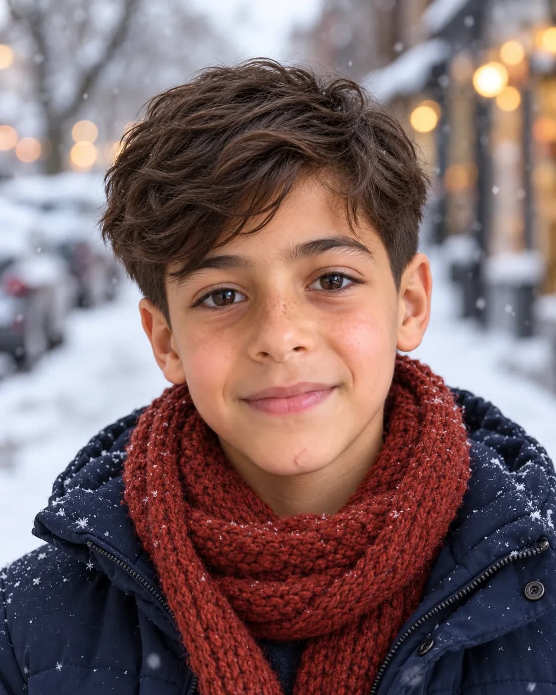 Boy with a fringe swept across his forehead and a tamed front cowlick, front view in a wool scarf on a snowy street