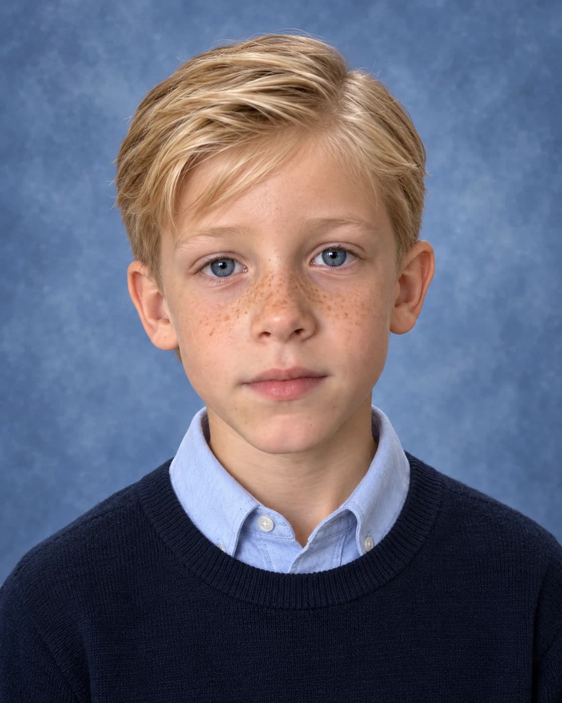 Second-grade boy with a neat combed side part, classic school portrait on a mottled blue backdrop