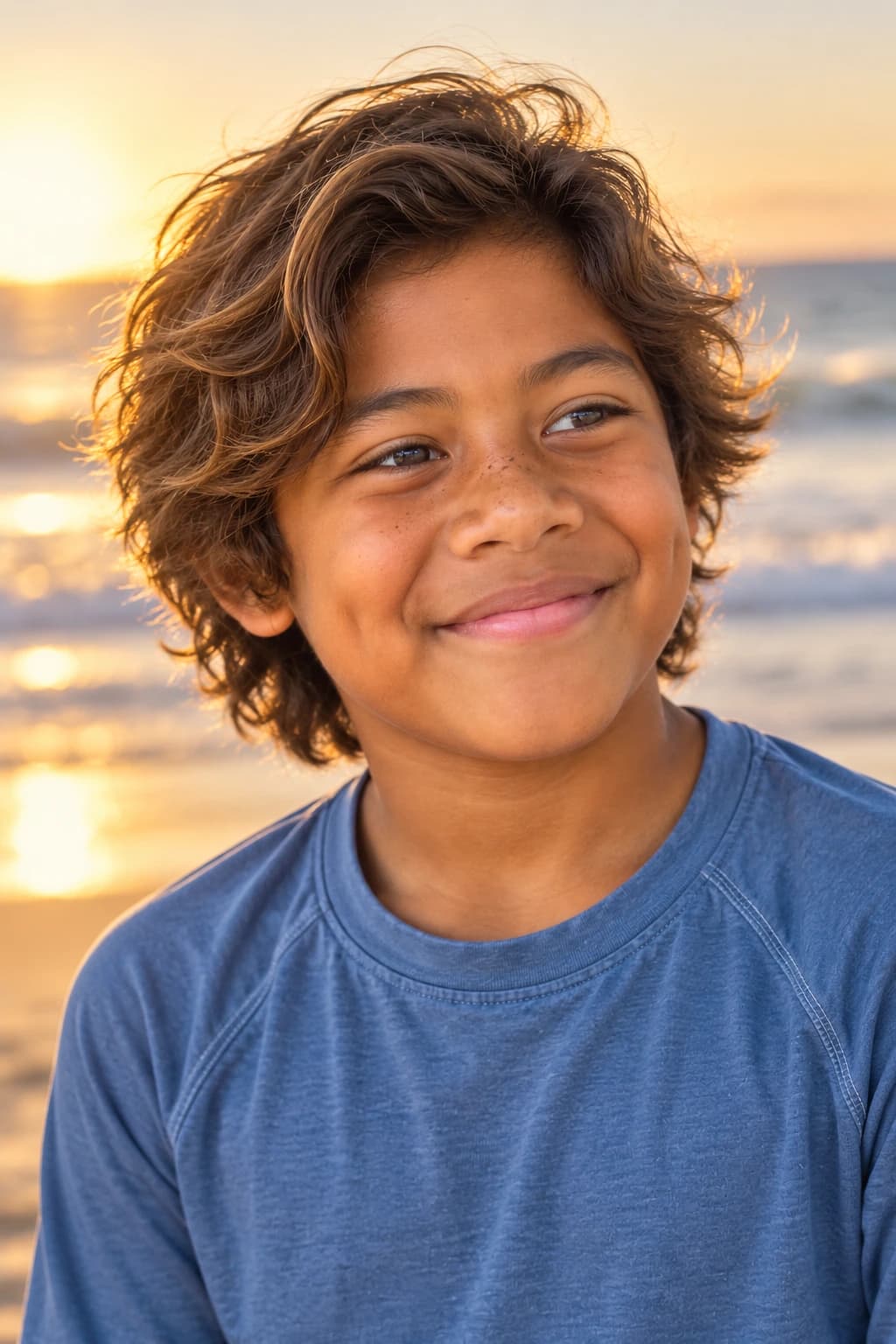Ten-year-old boy with ear-covering surfer waves, three-quarter view on a beach at golden hour