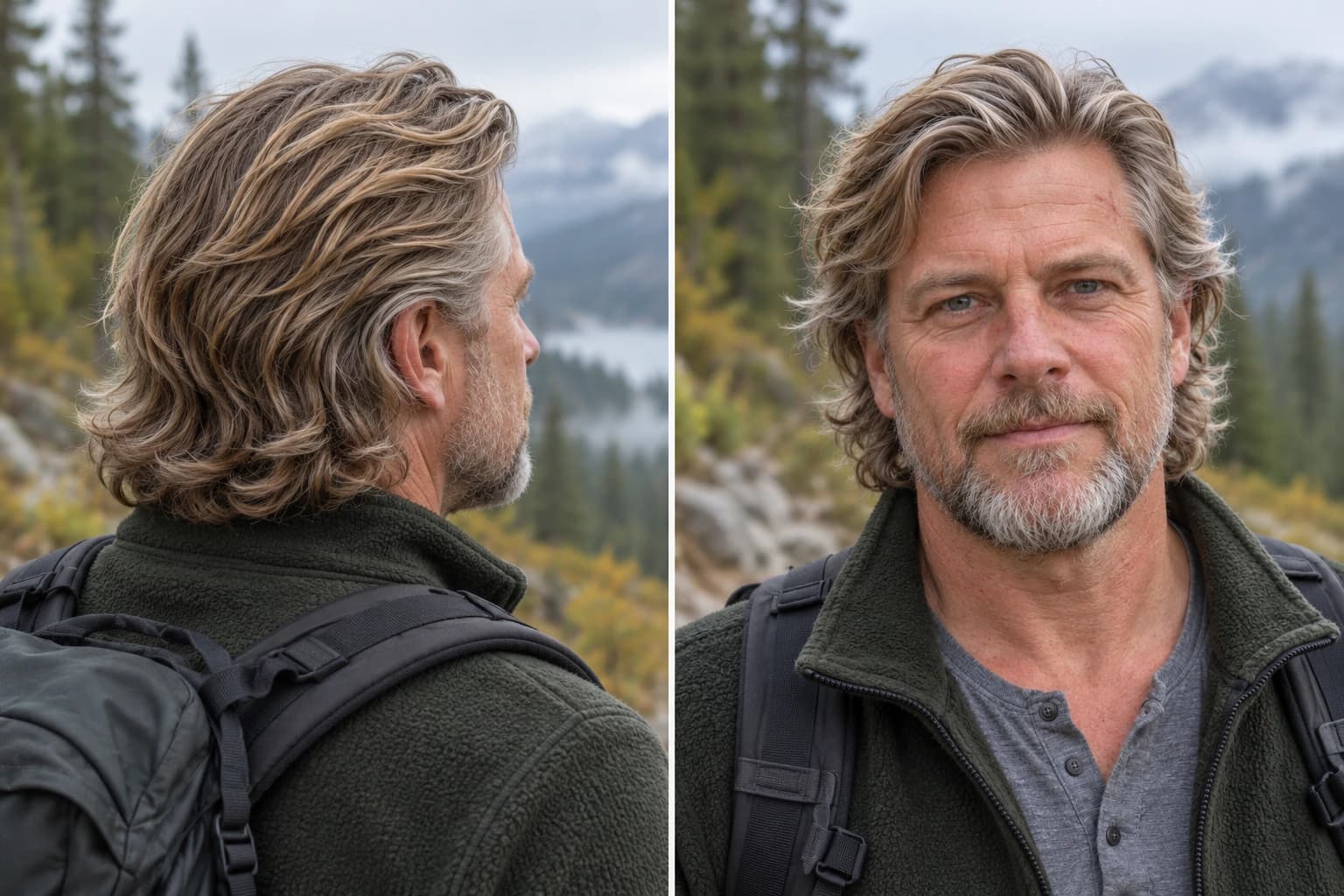 Man in his 50s with collar-length wavy hair swept back into a flow, back three-quarter view beside a front view on a mountain trail