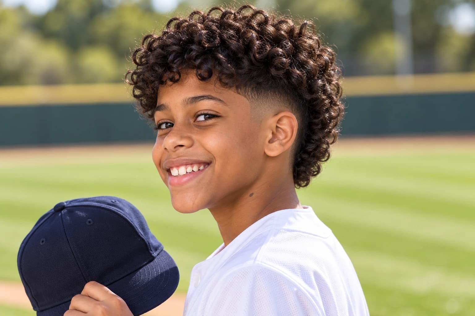 Boy with curls on top and a burst fade curving around his ear, left profile holding a ball cap at a sunny ballpark