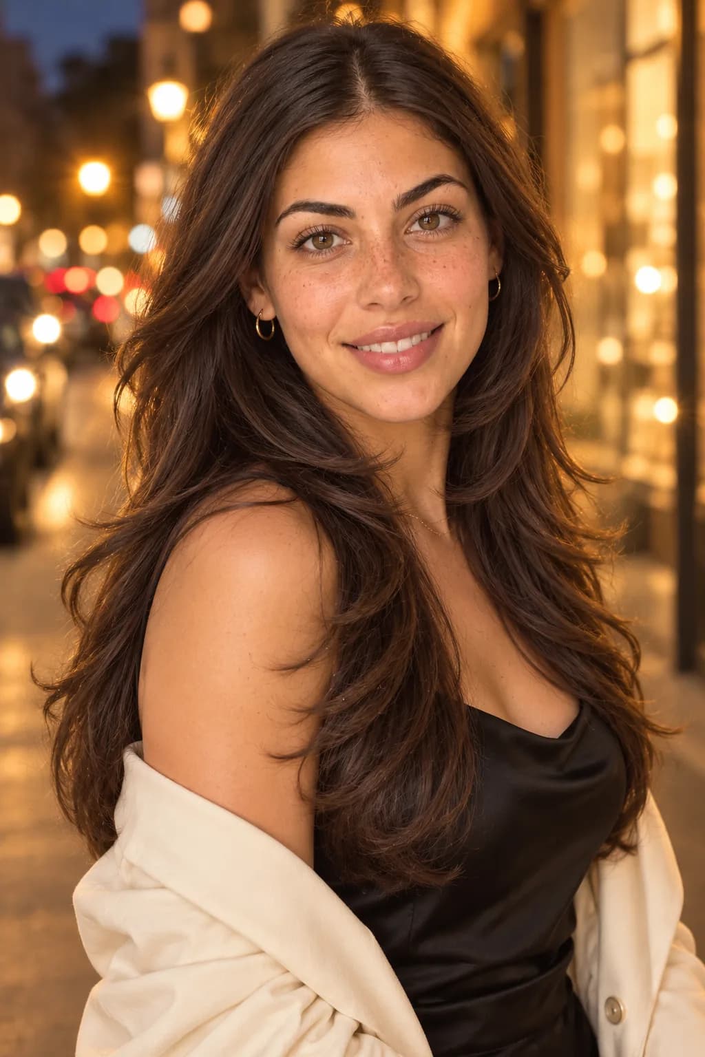 Woman in her 20s with long voluminous wavy hair and short face-framing layers flipping outward, three-quarter view with city lights at night