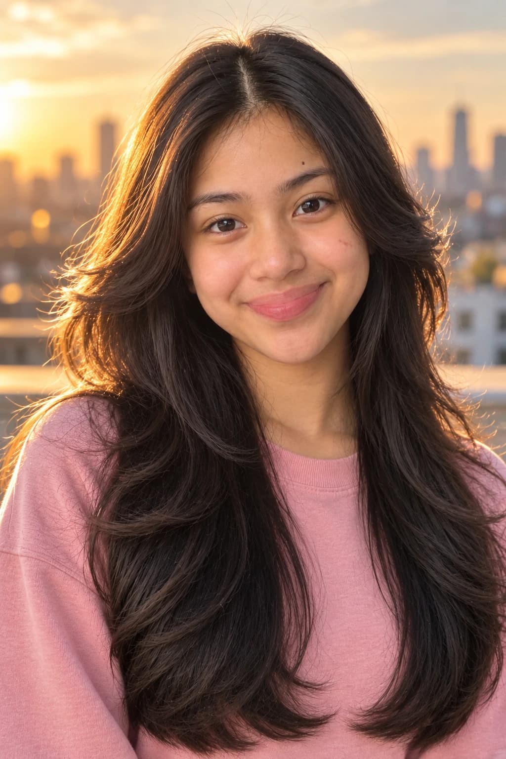Teen girl with a long butterfly haircut, short cheekbone layers flying around the face over long straight lengths, three-quarter view on a rooftop at golden hour