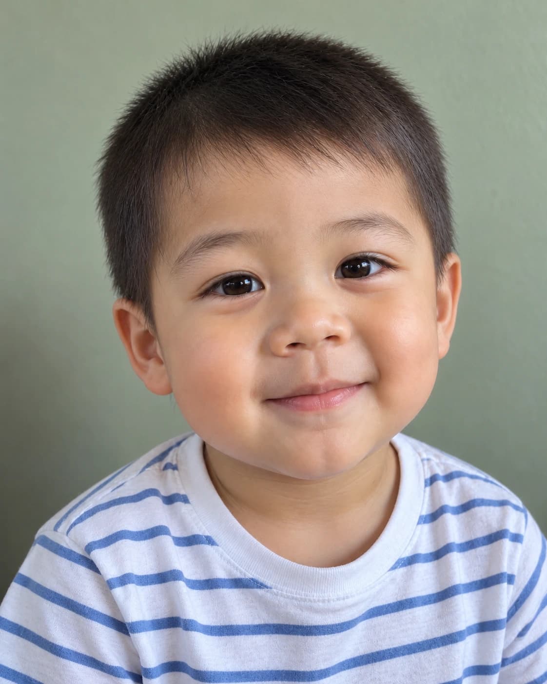 Toddler boy with a soft, even half-inch buzz, three-quarter view at eye level against a pale sage wall