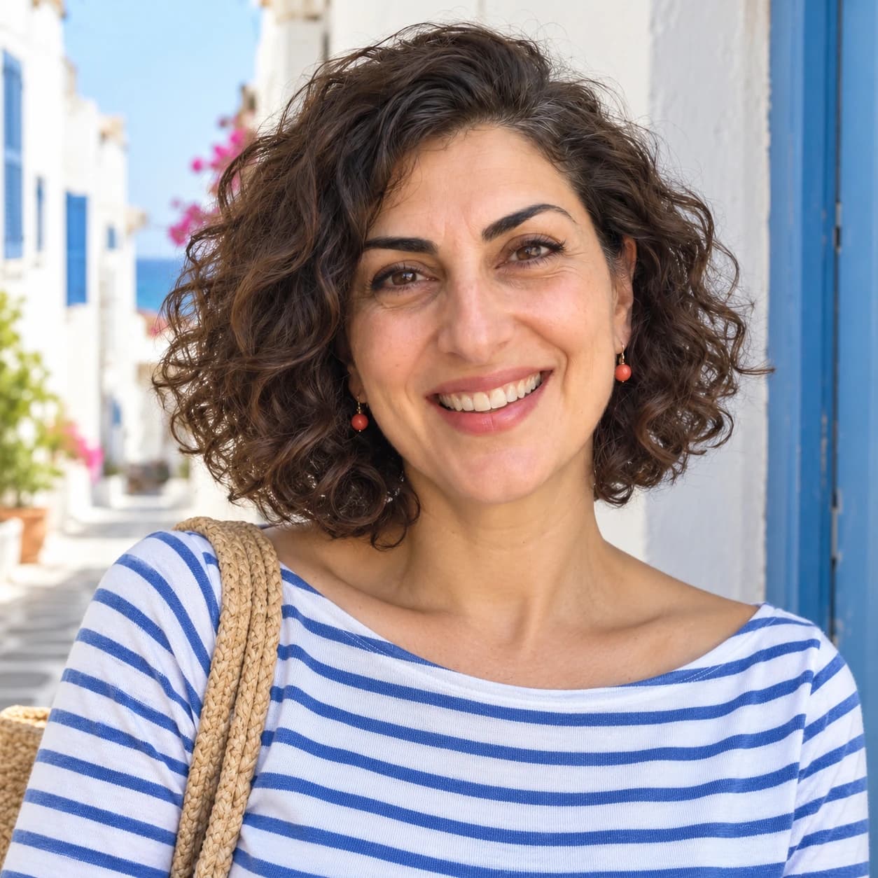 Woman in her mid-40s laughing, with a rounded chin-length curly bob, front view in a seaside town in bright shade