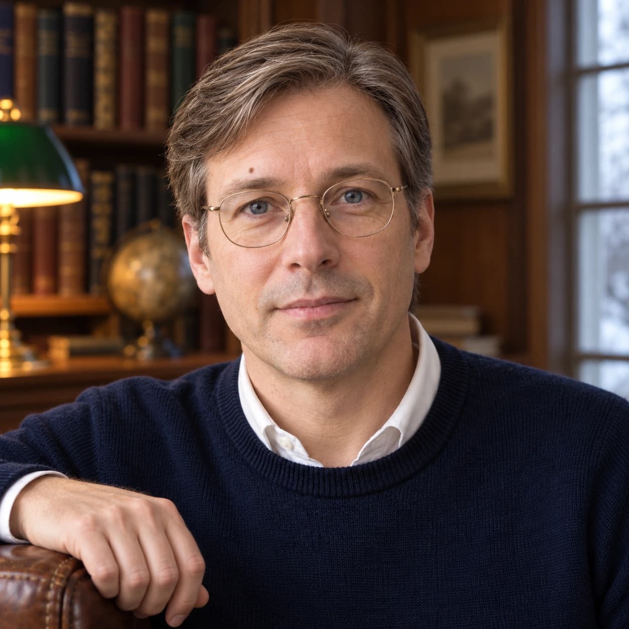 Man in his late 40s with fine straight hair in a classic combed side part and scissor-tapered sides, front view in a wood-paneled study