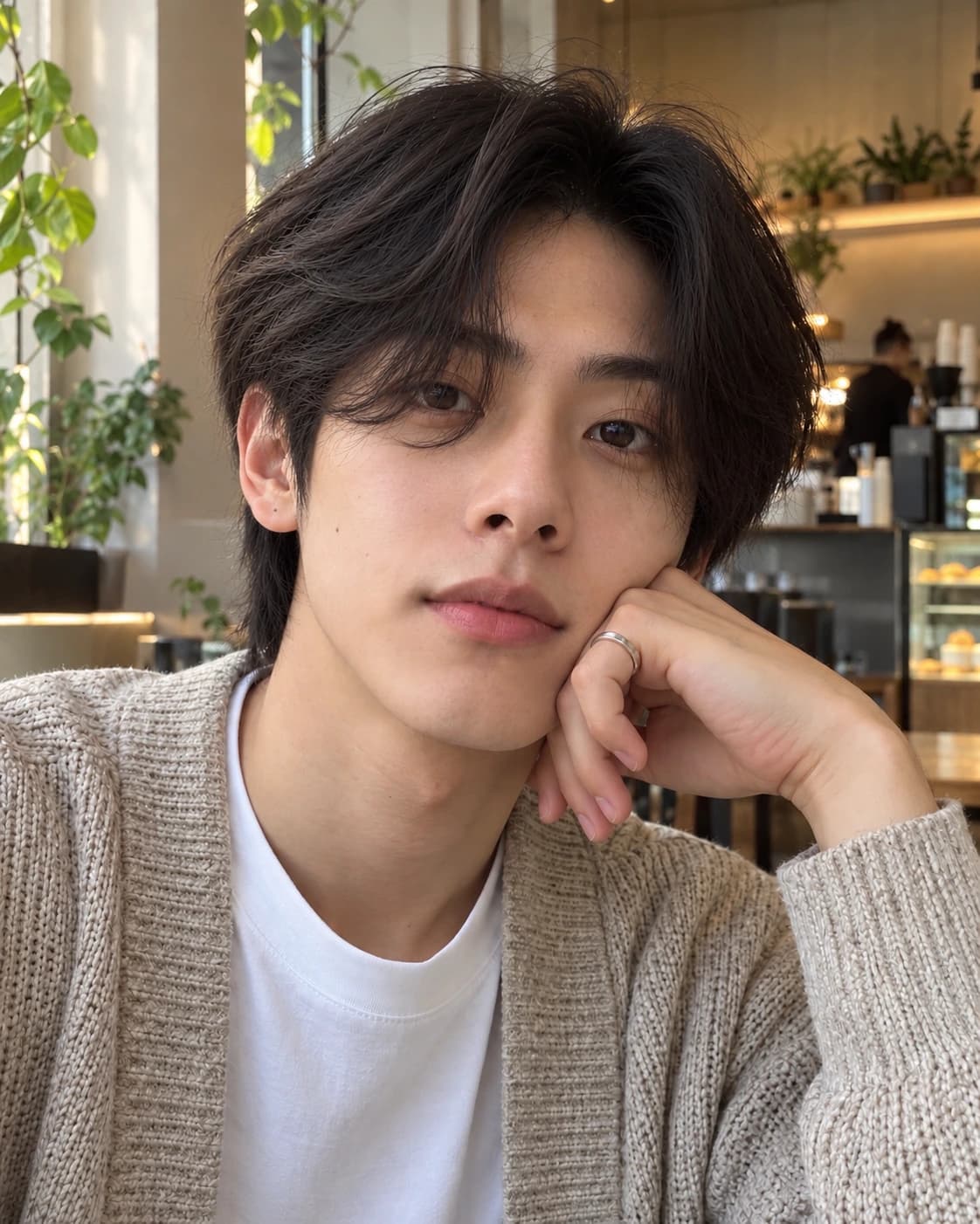 Man in his mid 20s with comma hair, a single fringe section curved inward above one brow and soft layered straight hair, close front view in a café