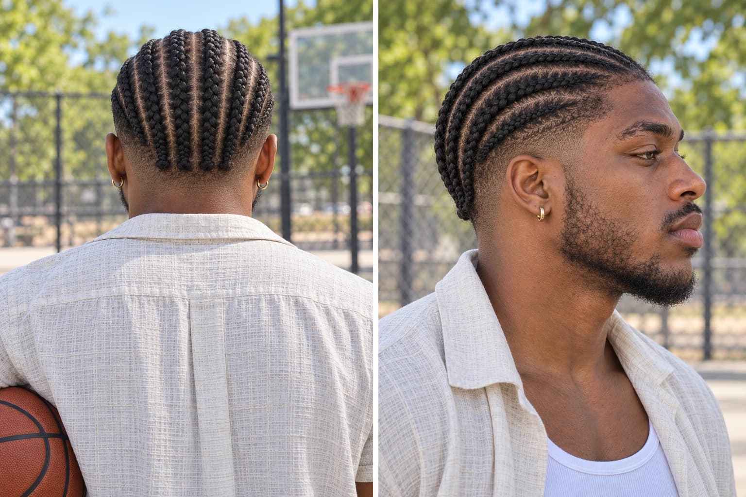 Man in his 20s with straight-back cornrows over a low skin fade, back view beside a side profile on an outdoor basketball court