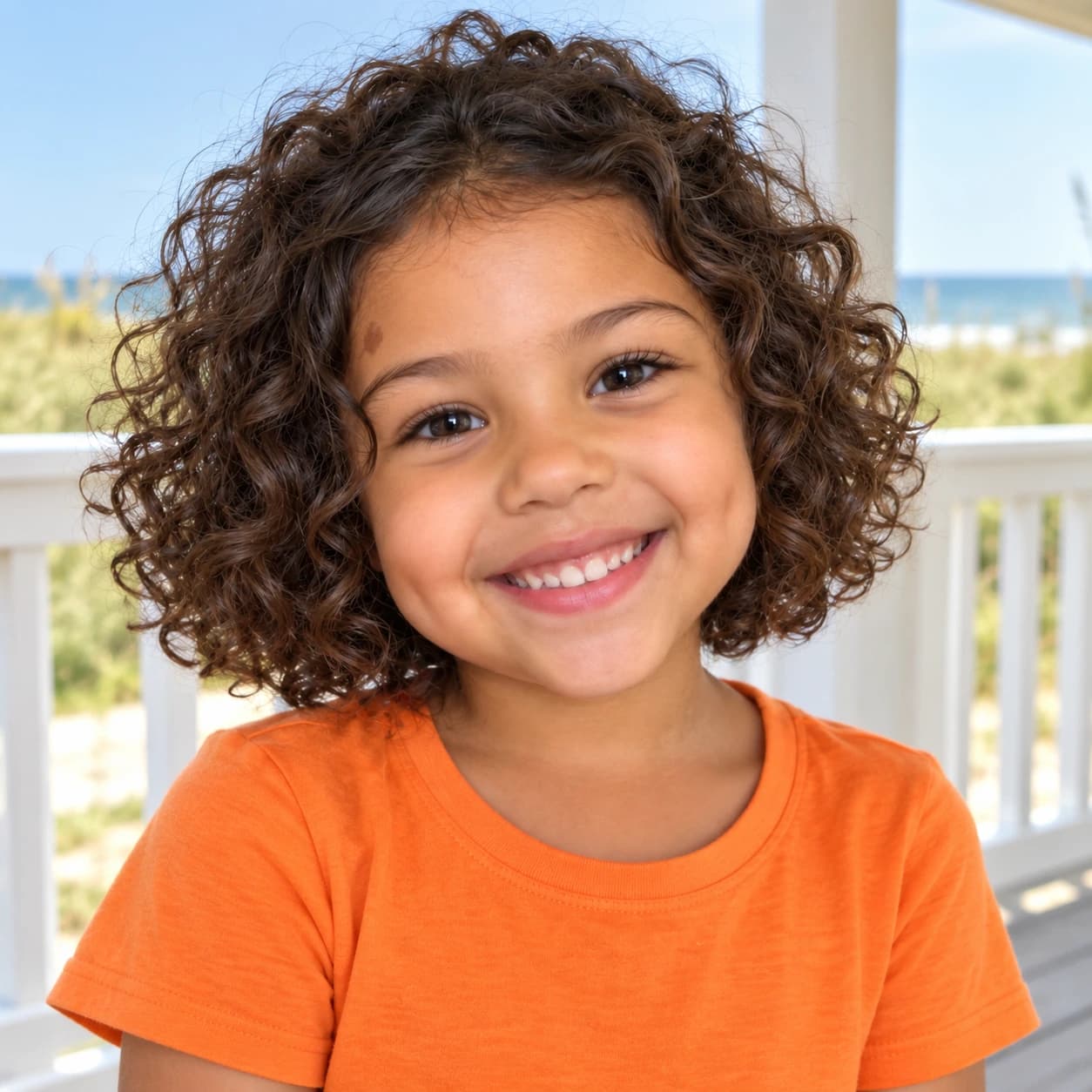 Little girl with a round, bouncy chin-length curly bob cut dry, front view laughing on a beach-house porch