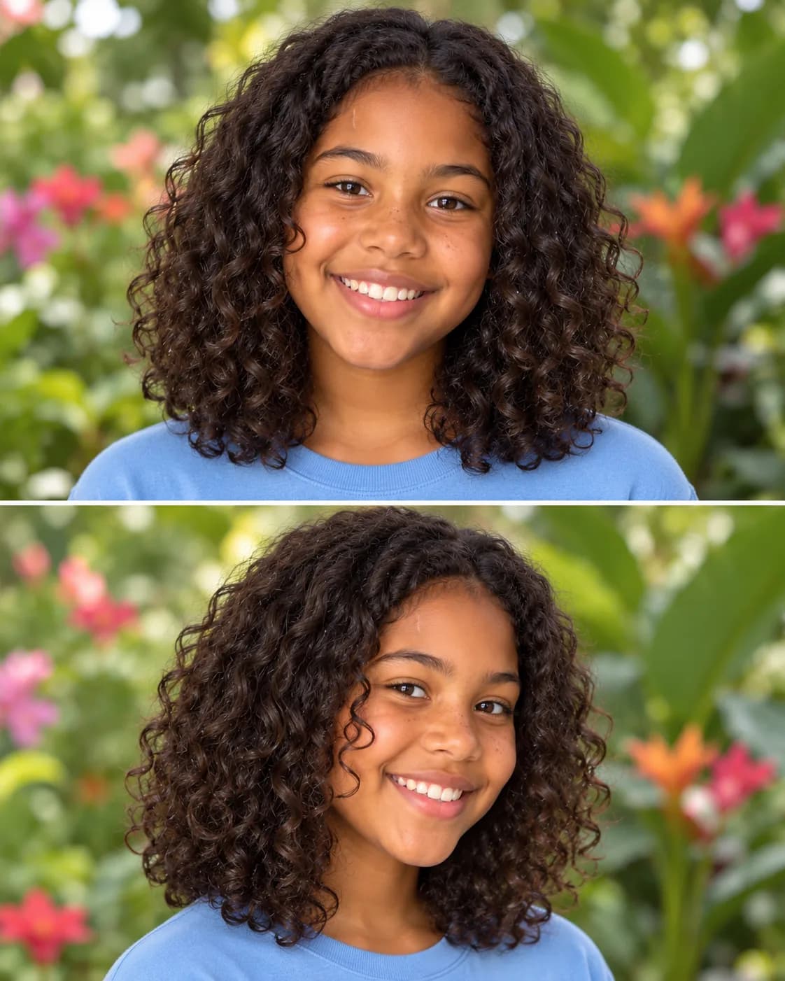 Tween girl with thick shoulder-length curls cut in round layers and diffused, front and three-quarter view in a botanical garden