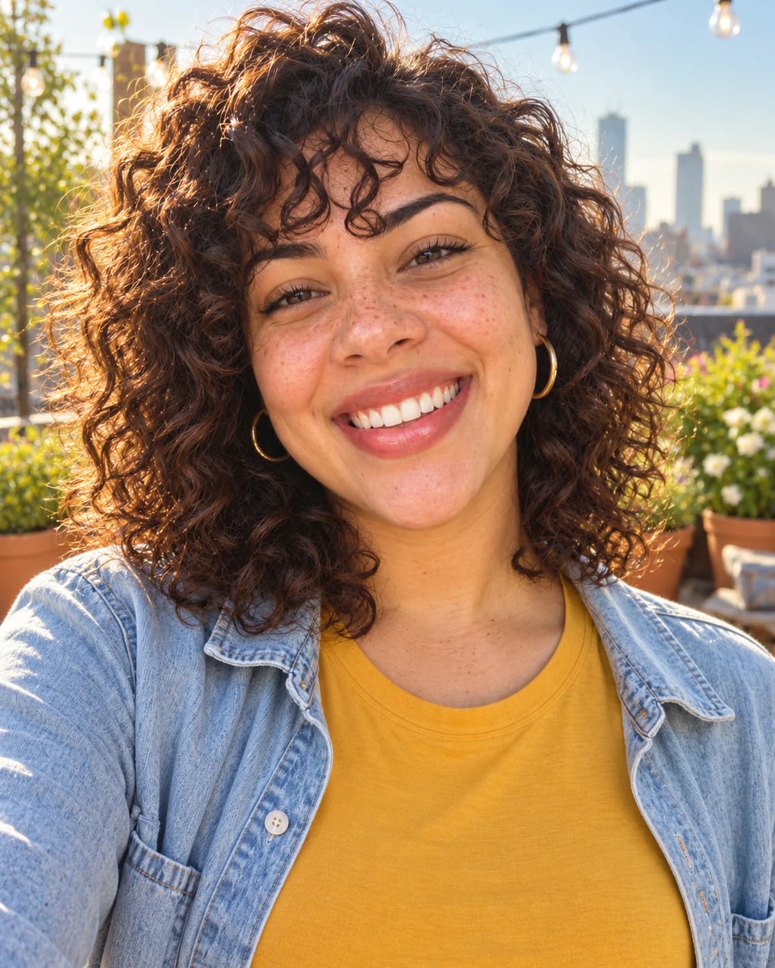 Woman in her mid-20s laughing, with a medium curly shag, curly bangs and layers from the cheekbone, front view on a sunny rooftop