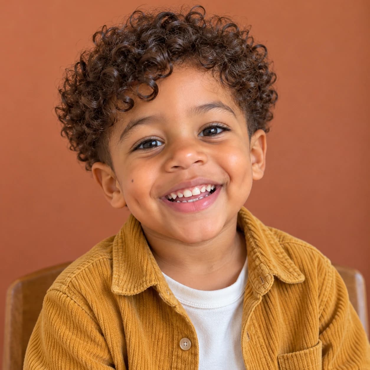Toddler boy with a halo of springy curls and neatly tapered sides, front view on a kitchen stool by a terracotta wall