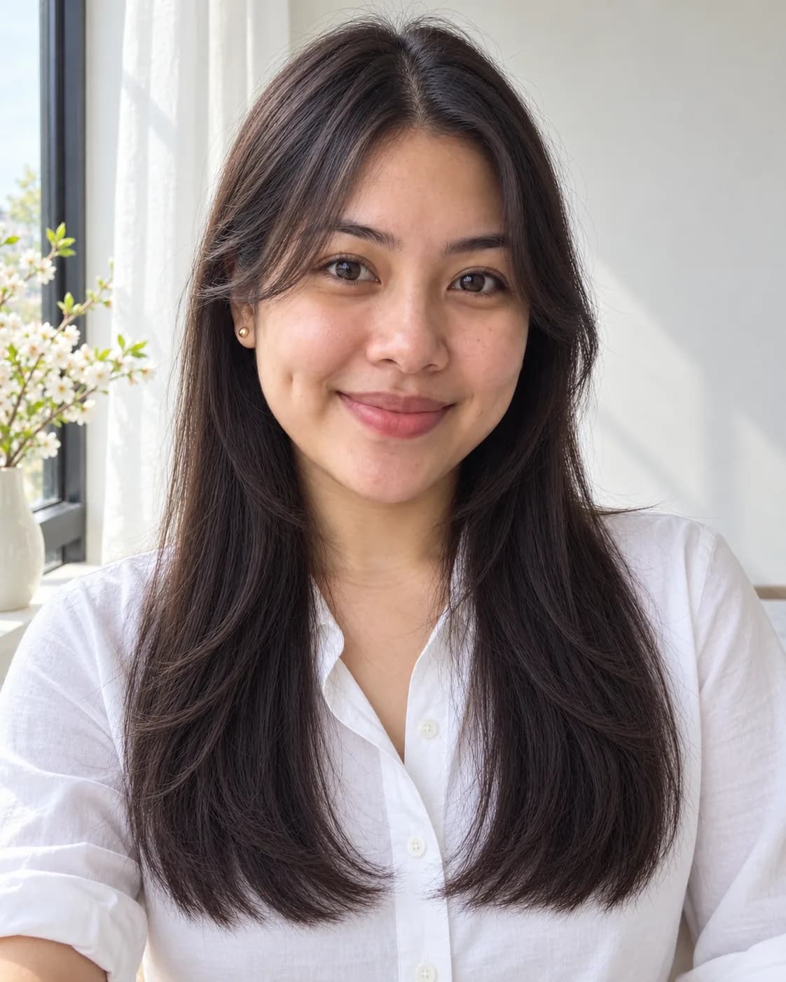 Woman in her late 20s with long fine straight hair, light layers and center-parted curtain bangs sweeping to the cheekbones, front view by a bright window