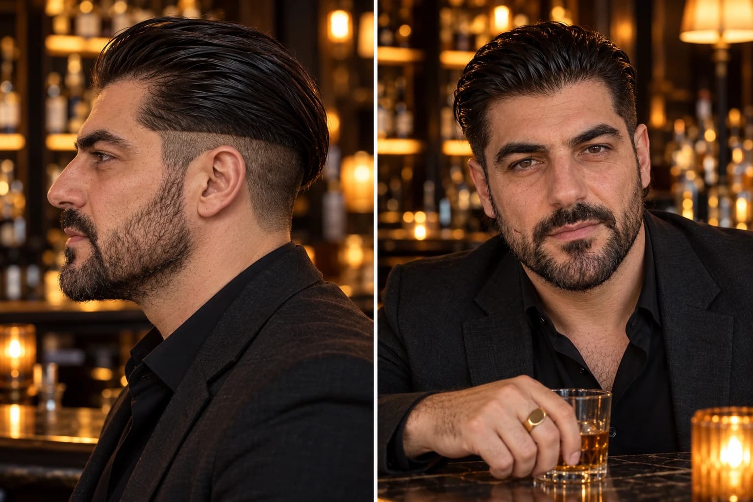 Man in his early 40s with a disconnected #1 undercut and five inches of straight hair slicked back with pomade, profile beside a front view in a cocktail bar