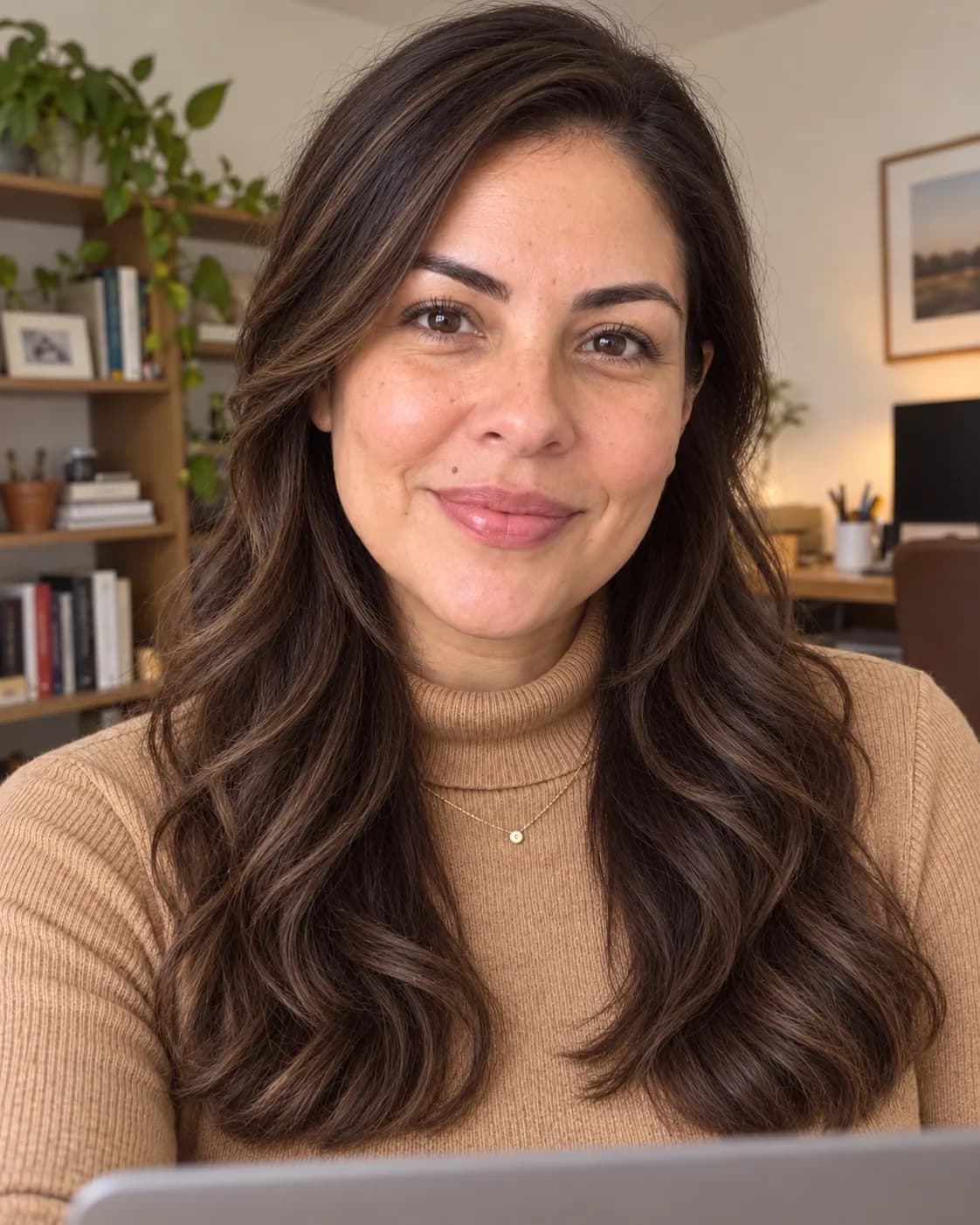 Woman in her 40s with long wavy hair and soft layers starting at the chin around her face, front view in a home office with a desk lamp