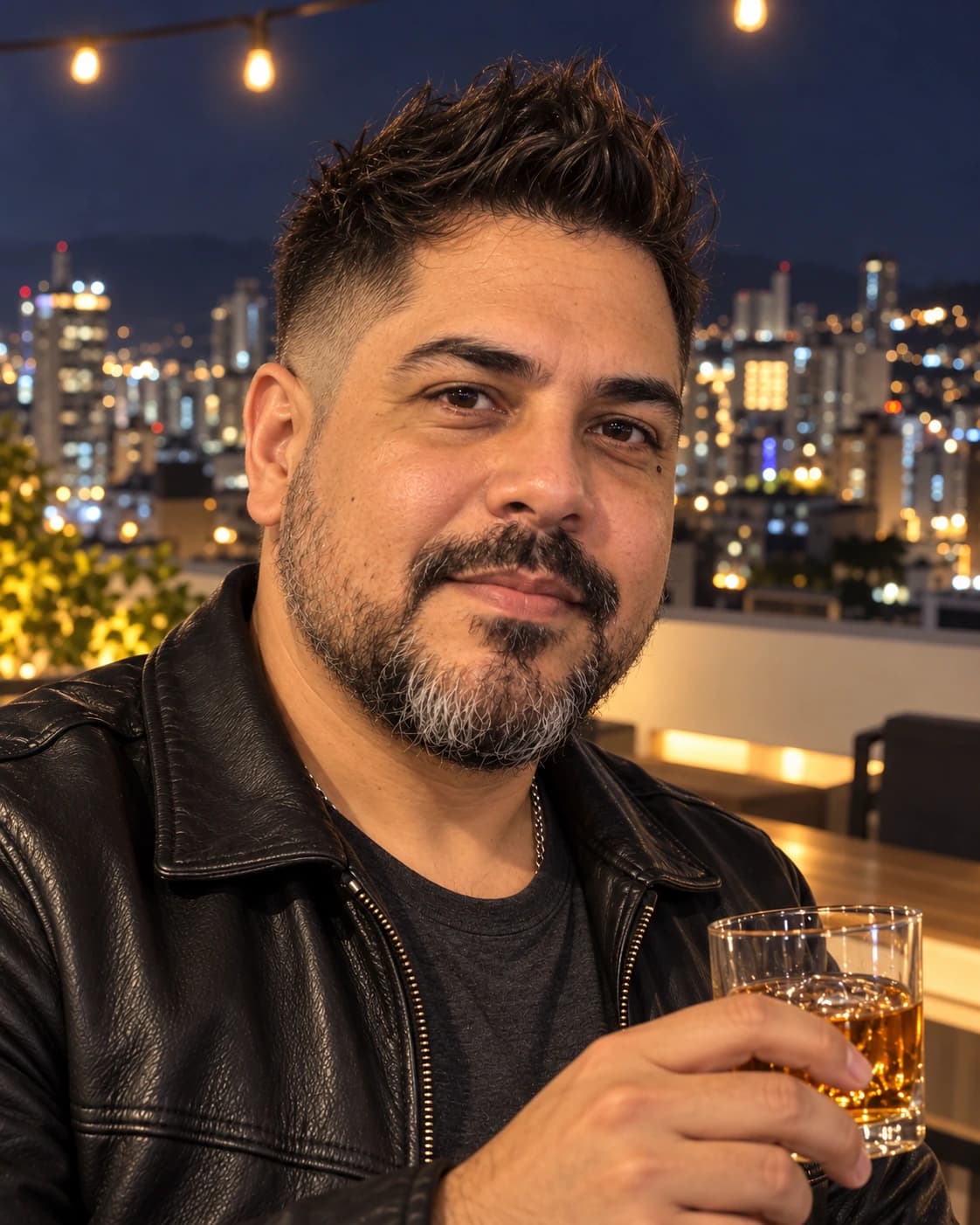 Man in his mid 40s with a faux hawk, a three-inch ridge of wavy hair pushed up through the middle over a mid fade, three-quarter view on a rooftop at night with city lights