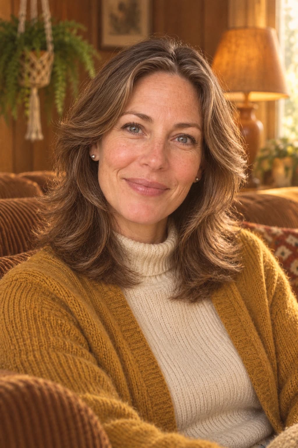 Woman in her 40s with shoulder-length thick wavy hair cut in flicked-back feathered layers, three-quarter view in a warm retro living room