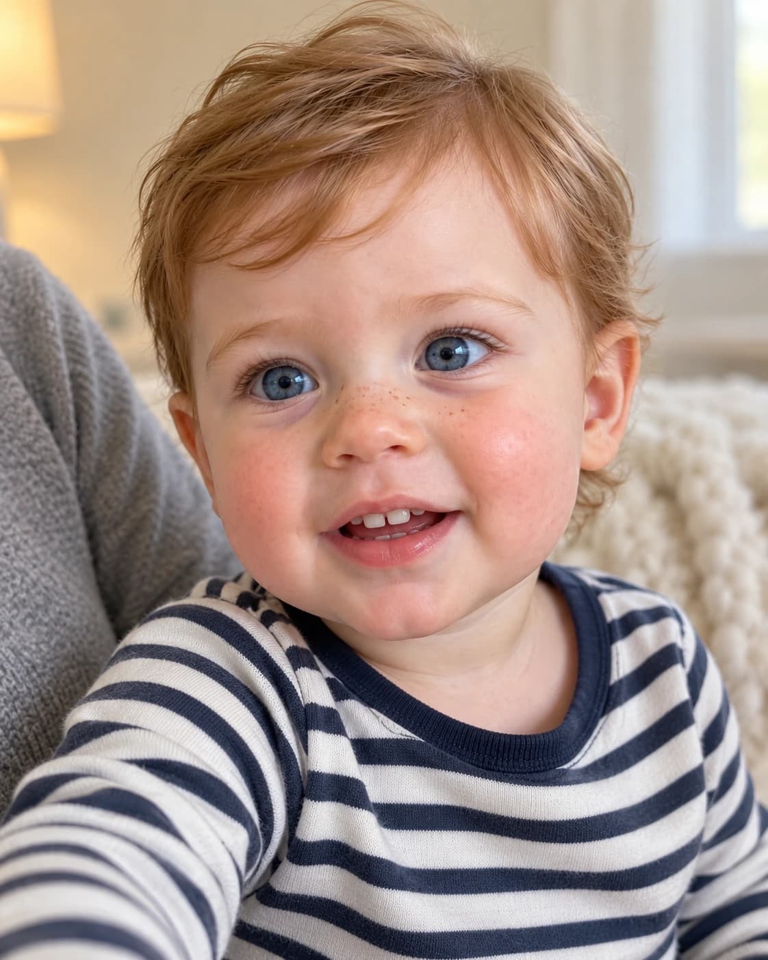 Baby boy after a gentle first scissor trim with soft waves on top, side-front view on a parent's lap in a nursery