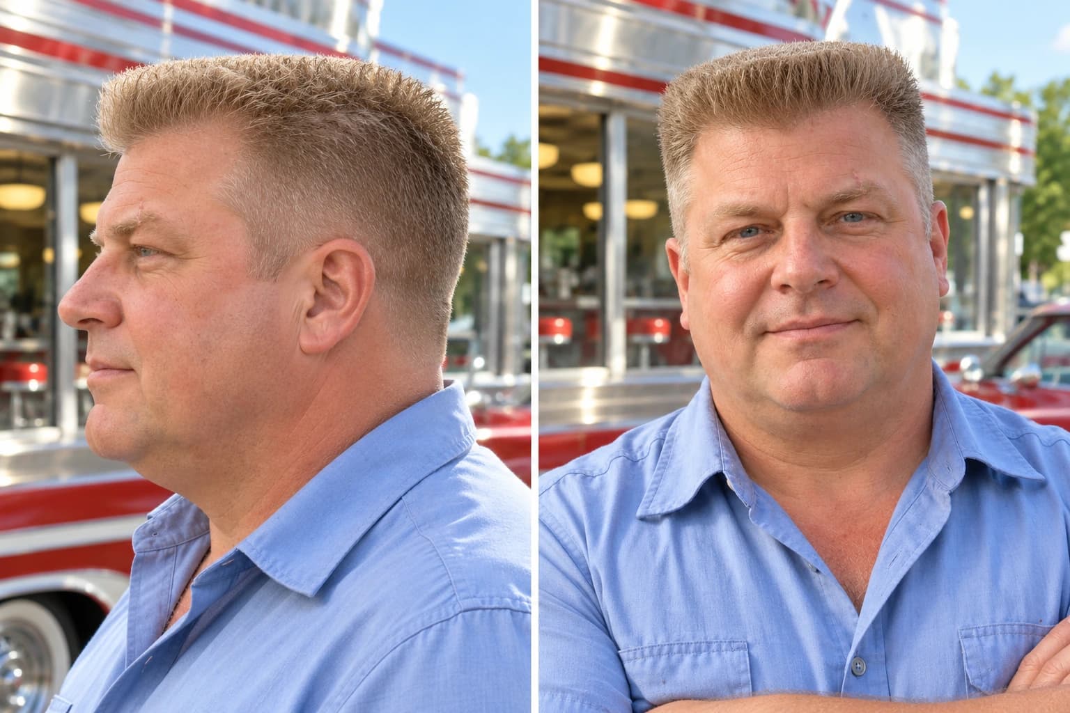Man in his early 50s with a flat top, a level deck an inch at the crown rising to an inch and a half at the front, over #1 tapered sides, profile beside a front view in a diner parking lot