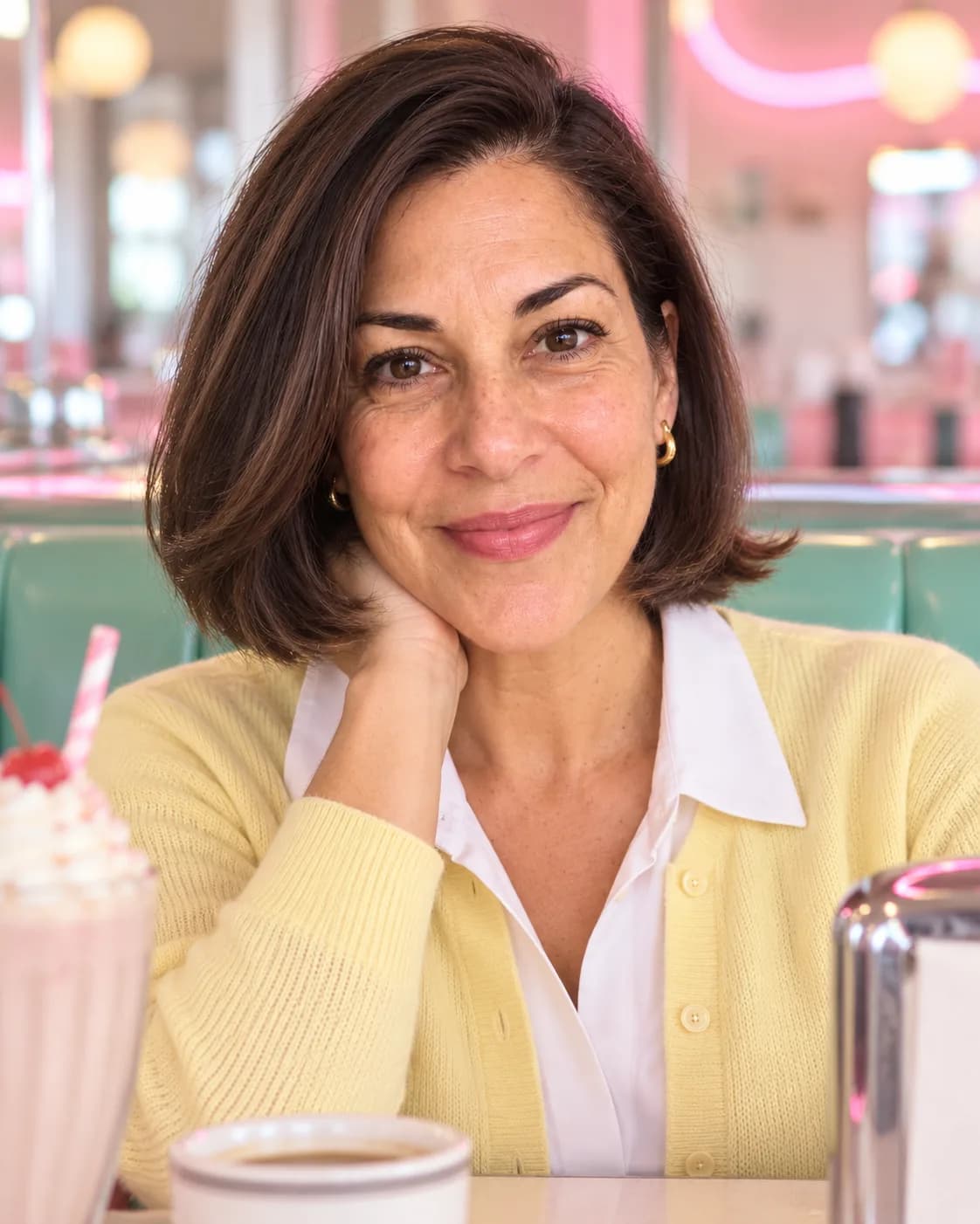 Woman around 50 with a jaw-length straight bob whose ends flip outward, front view at a pastel retro diner booth