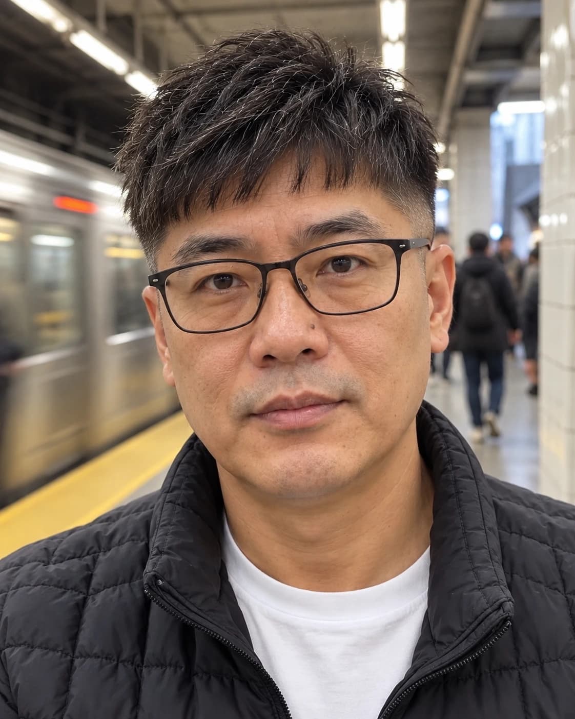 Man in his early 50s with a French crop, an inch and a half of choppy straight hair and a blunt short fringe over a skin taper, selfie-style front view on a subway platform