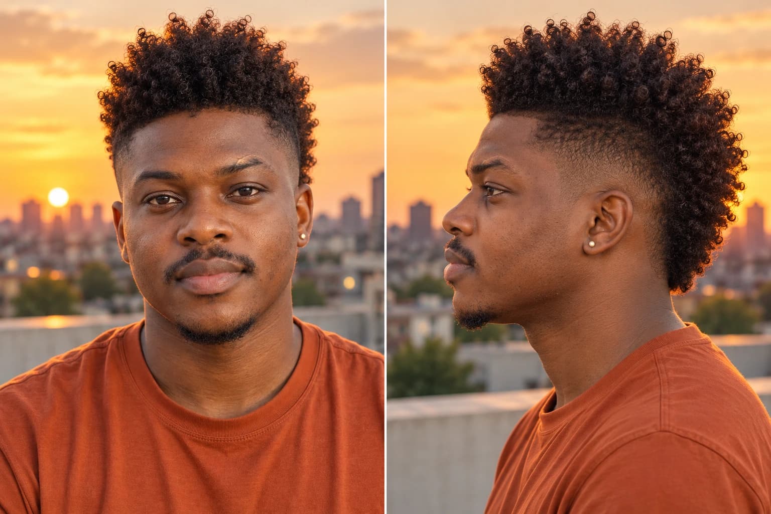 Man in his late 20s with a frohawk of picked-out coils three to four inches tall and faded sides, front view beside a profile on a rooftop at sunset