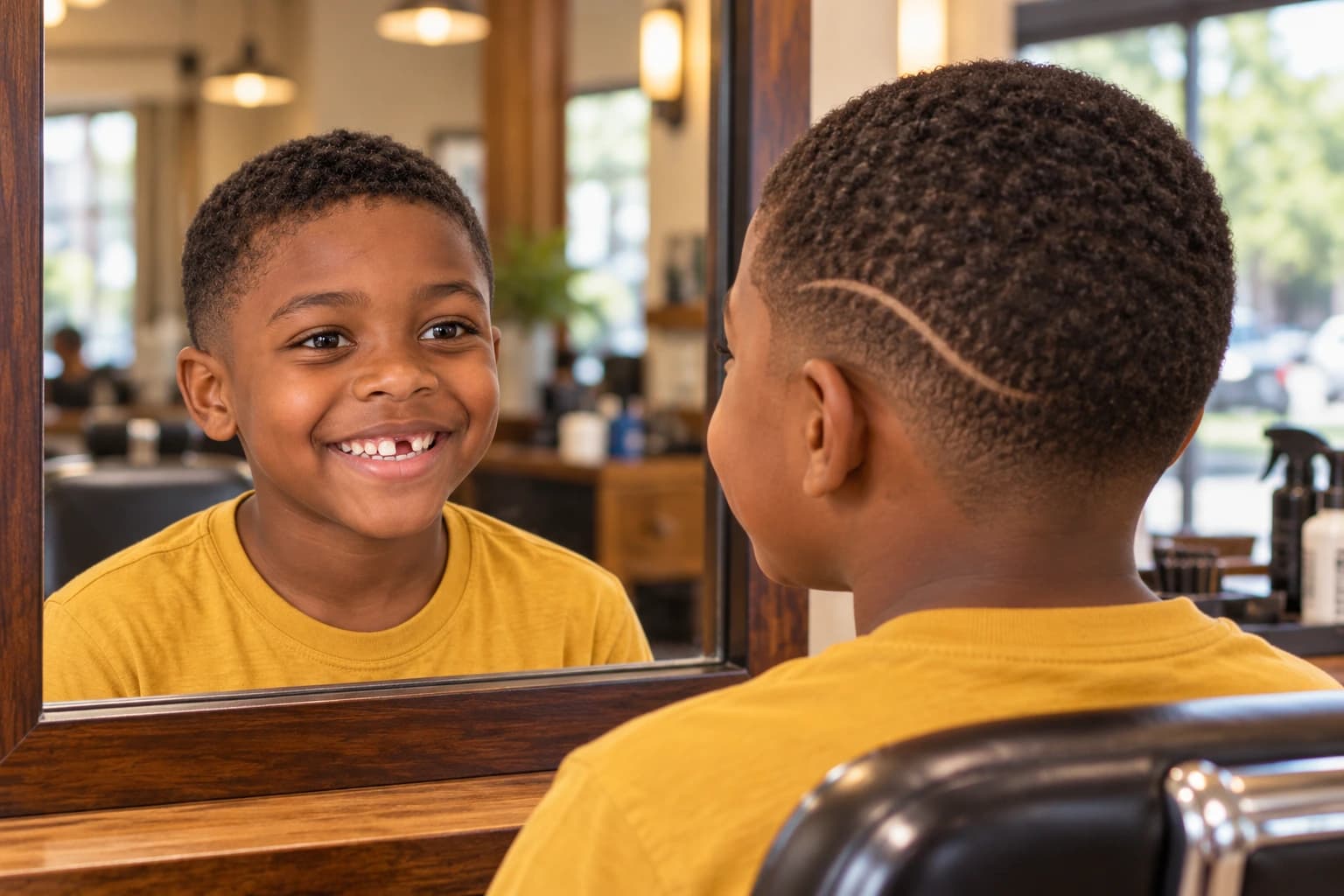 Boy in a barber chair with a short buzz and one curved line above his ear, smiling at his reflection in the mirror