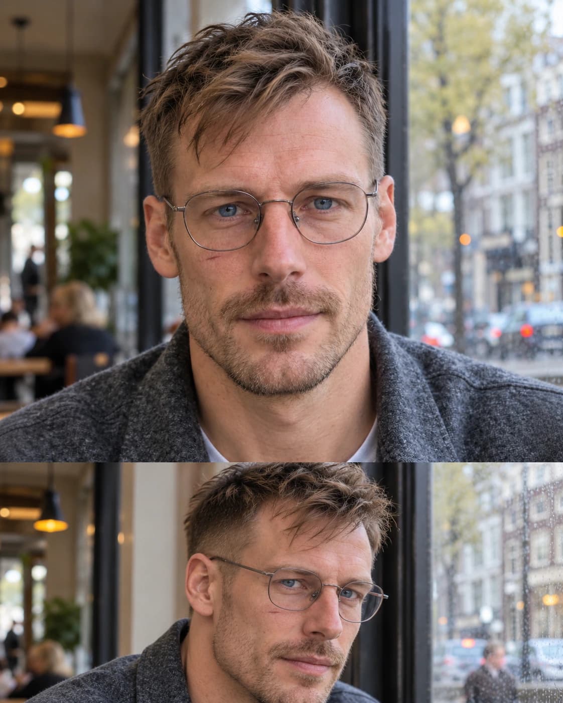 Man in his late 30s with a receding hairline, tight #1 temples and an inch and a half of messy top pushed forward, front and three-quarter views by a café window