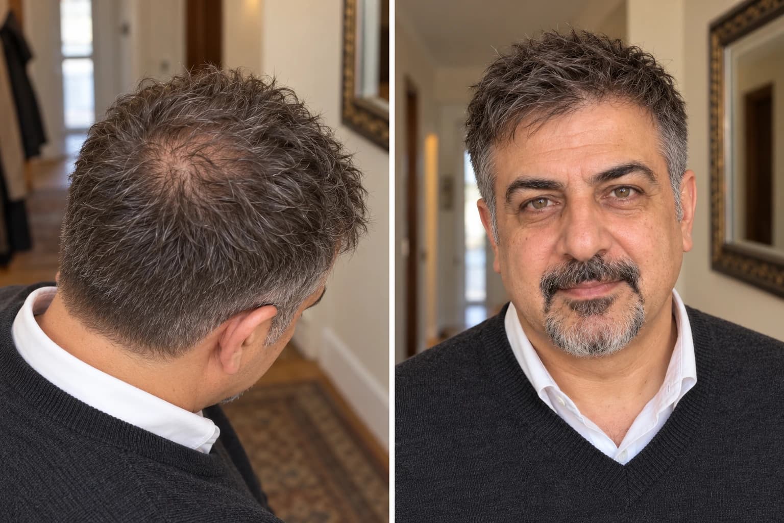 Man in his 50s with thinning crown cut short with even texture and #2 sides, high three-quarter view of the crown beside a front view in a warm hallway