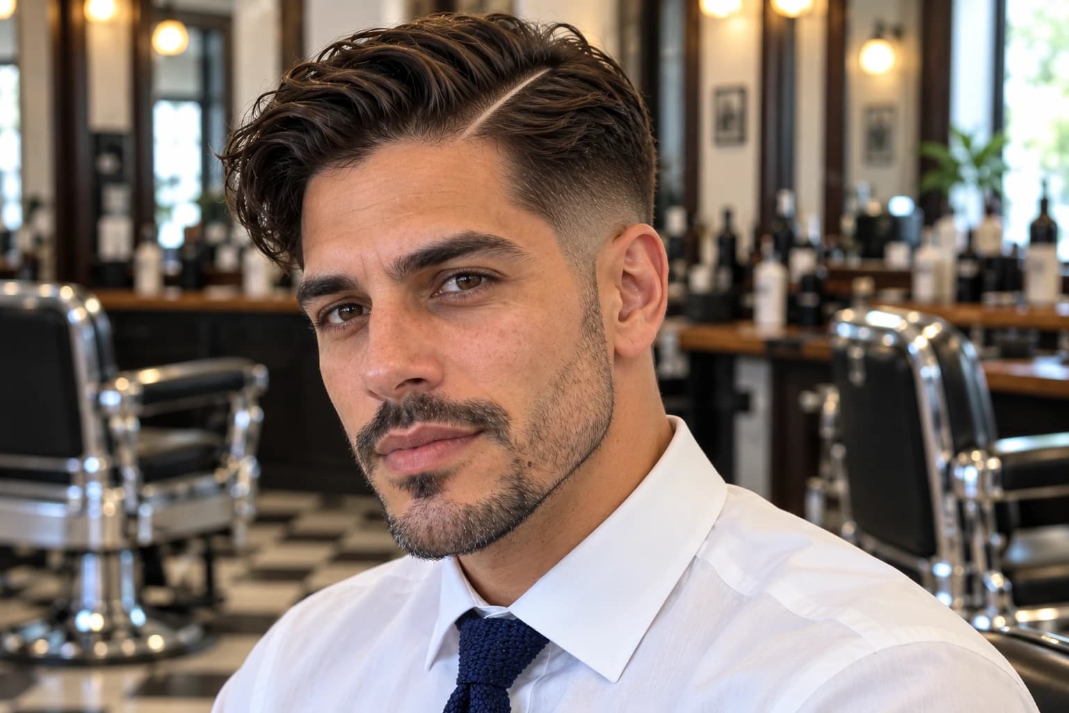 Man in his mid 30s with a razor hard part, three-inch comb over set with pomade and a low fade, three-quarter view in a chrome barbershop