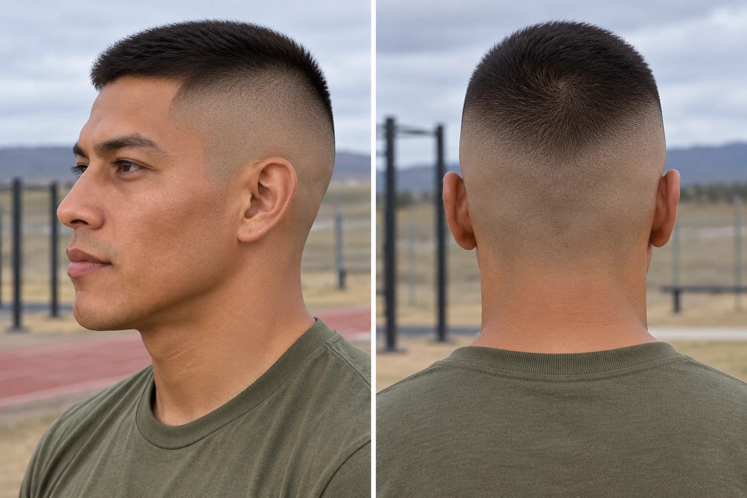 Man in his early 30s with a high and tight, skin from the nape past the parietal ridge and a #3 strip on top, profile beside a back view at a training ground on an overcast day