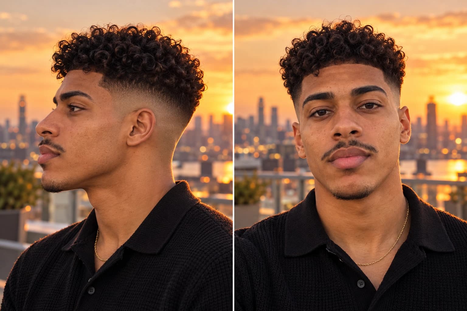 Young man with a high skin fade up to the parietal ridge and an inch and a half of curls on top, profile beside a front view on a rooftop at sunset