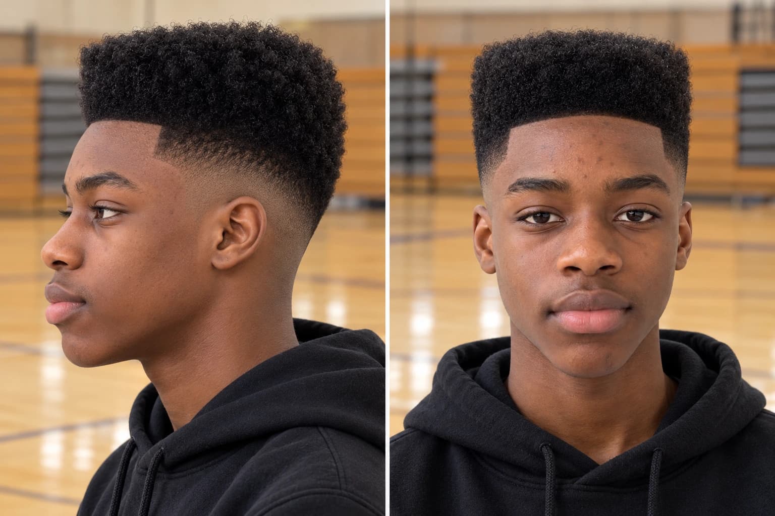 Teenage boy with a flat-topped high top and skin fade, profile and front view in a school gym