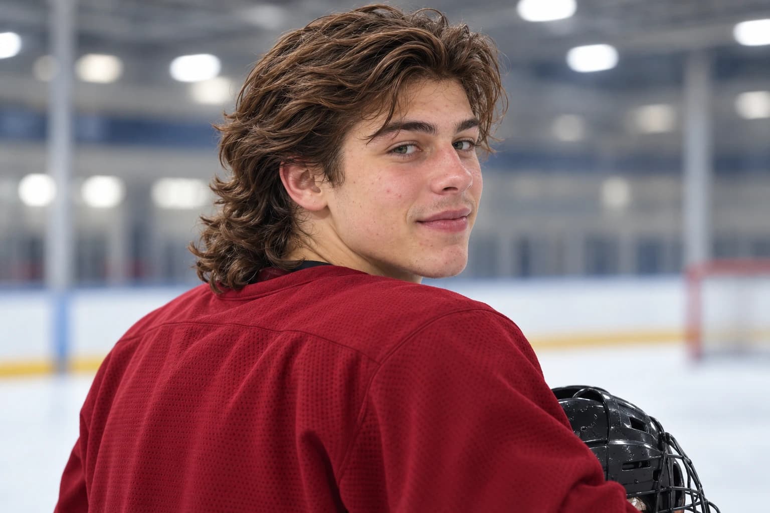Teen hockey player with wavy flow past the collar, back three-quarter view at the rink holding his helmet