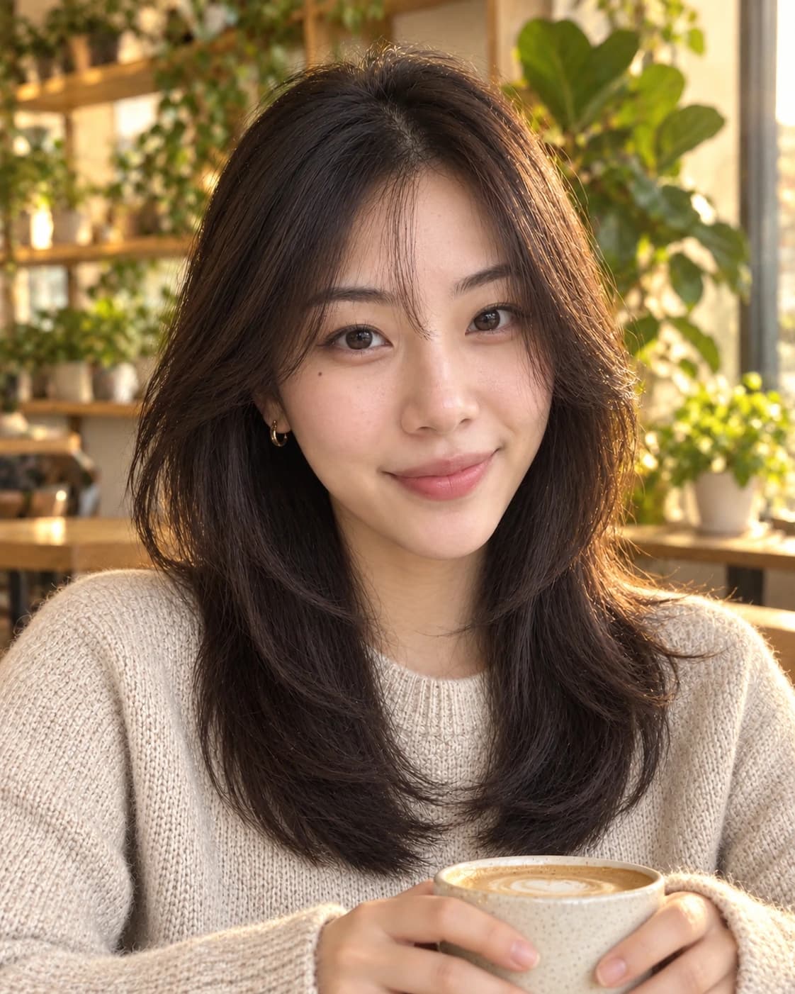 Woman in her mid-20s with a feathery mid-length hush cut, wispy layers and a soft curtain fringe, front view in a cafe full of plants