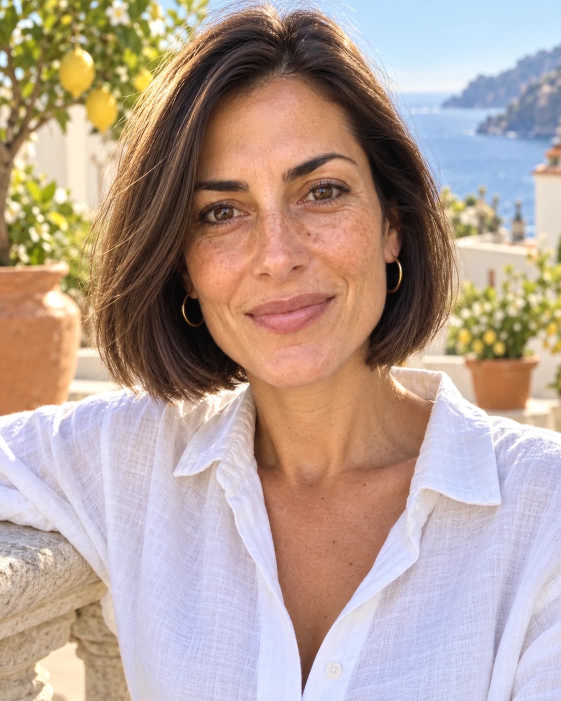Woman in her late 30s with a jaw-length Italian bob with full, heavy edges and a side part, three-quarter view on a sunny terrace in a linen shirt