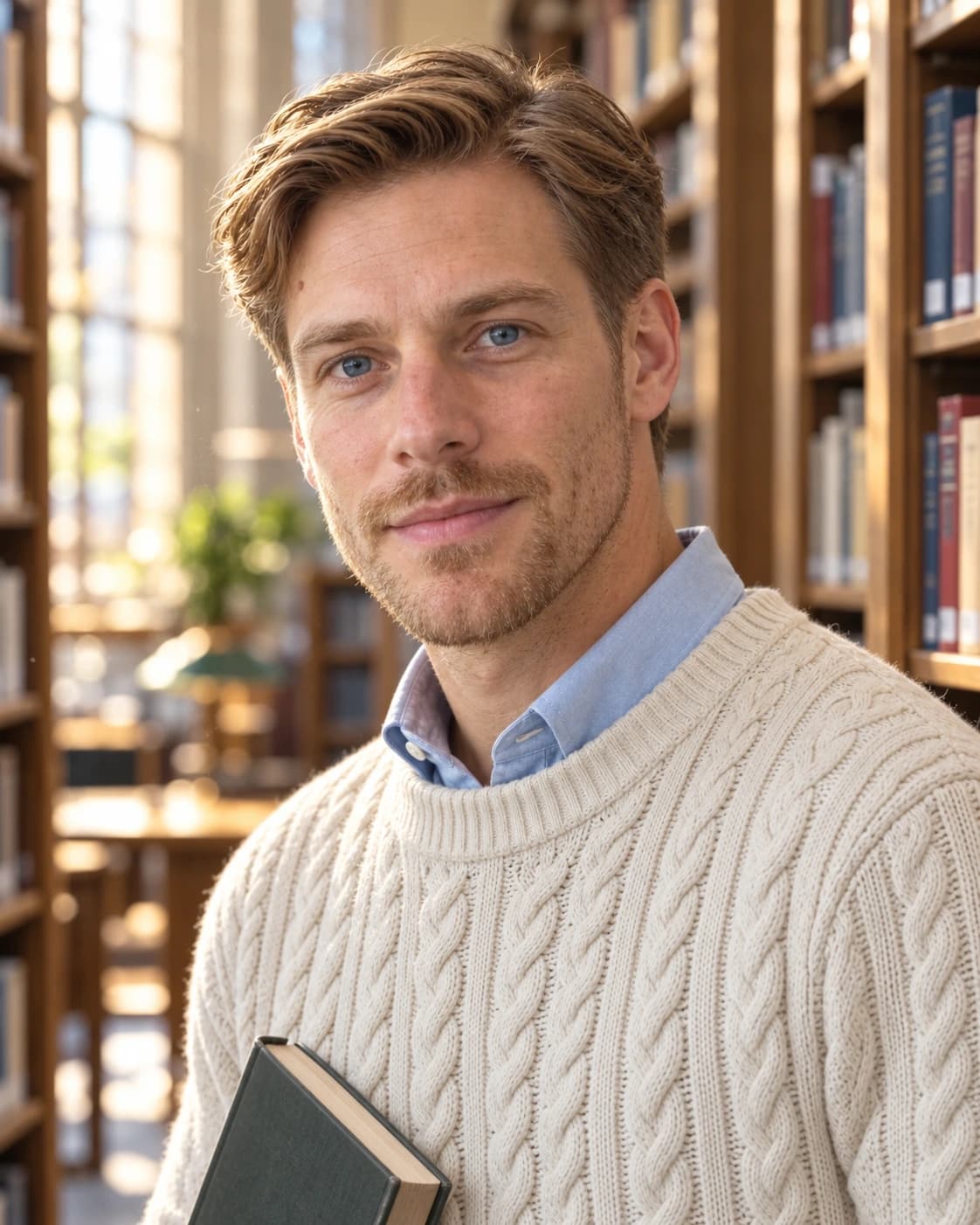 Man in his mid 30s with an Ivy League haircut, two inches at the front swept to a side part over a short crew-length back, three-quarter view in a library