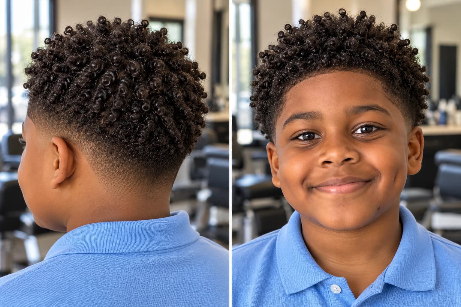 Nine-year-old boy with sponge-twisted coils and a low taper, back three-quarter and front views in a sunny barbershop