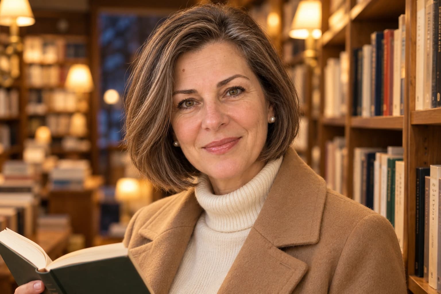 Woman in her early 50s with a thick straight jaw-length bob with internal layers and a side part, three-quarter view in a bookstore with warm lamps