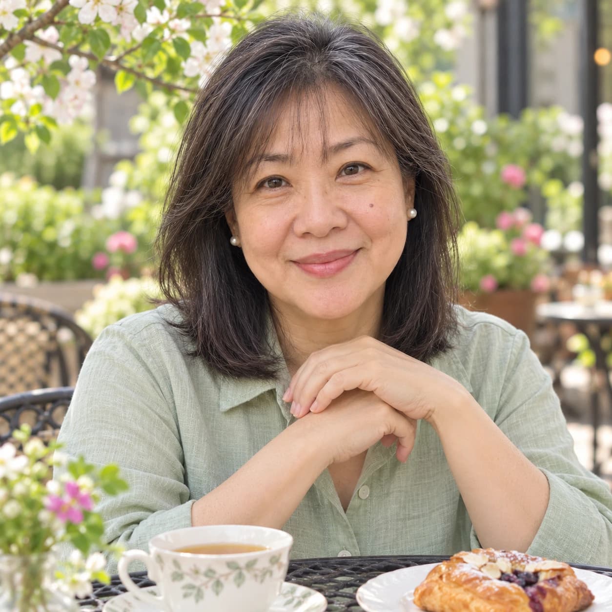 Woman in her late 50s with a straight shoulder-length lob and light see-through bangs, front view at a garden cafe table