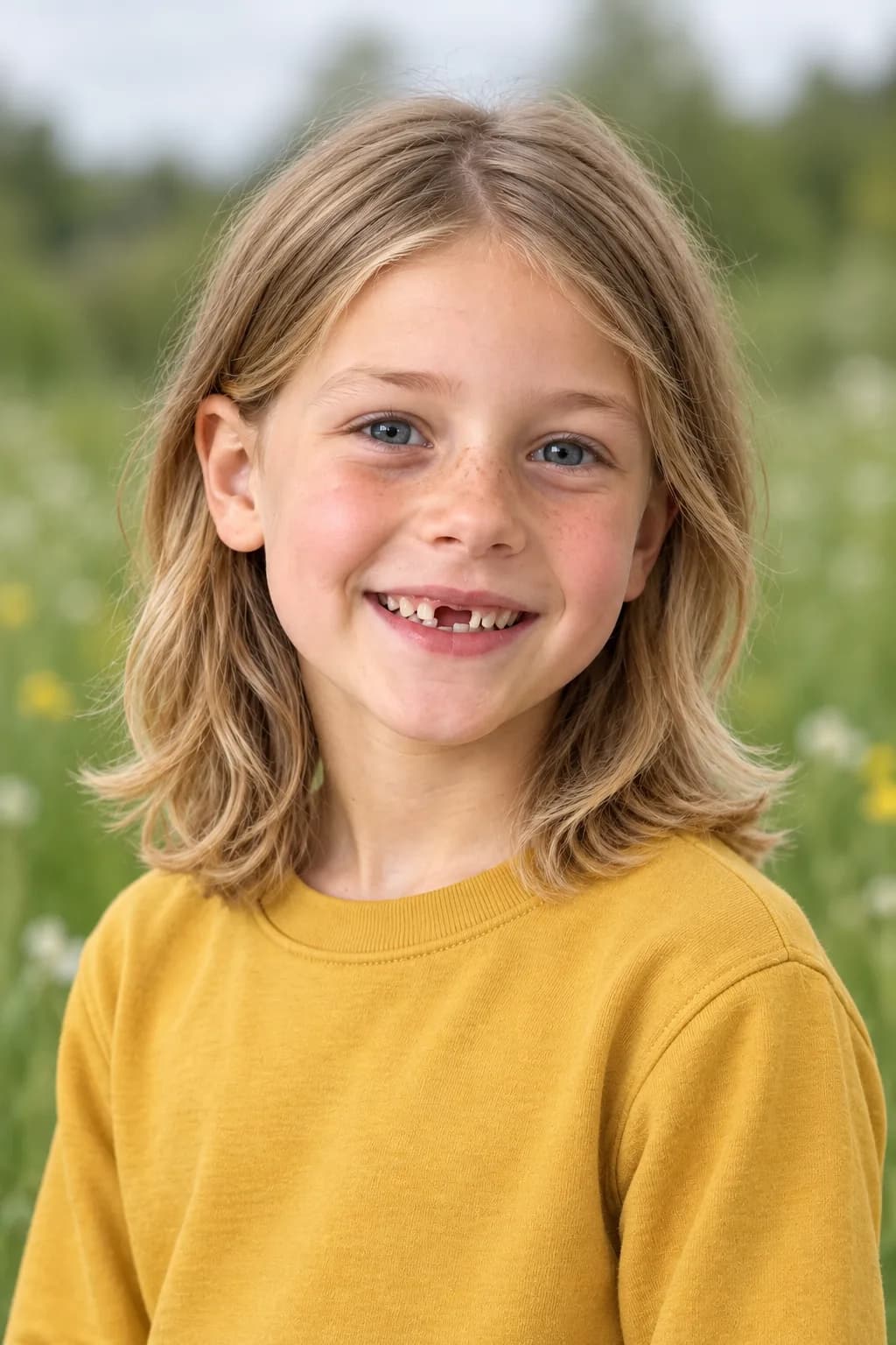 Young boy with shoulder-length wavy layers, front view with a slight turn in a spring meadow
