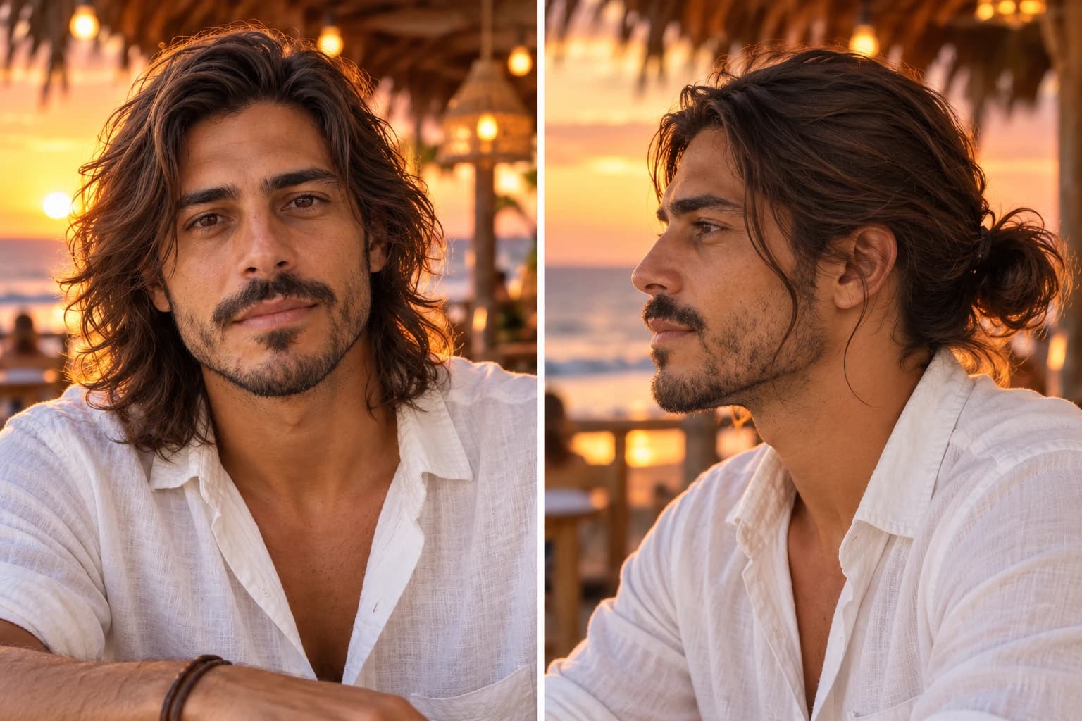 Man in his late 30s with shoulder-length wavy layered hair in a center part, front view with hair down beside a profile with a low bun at a beach bar at sunset